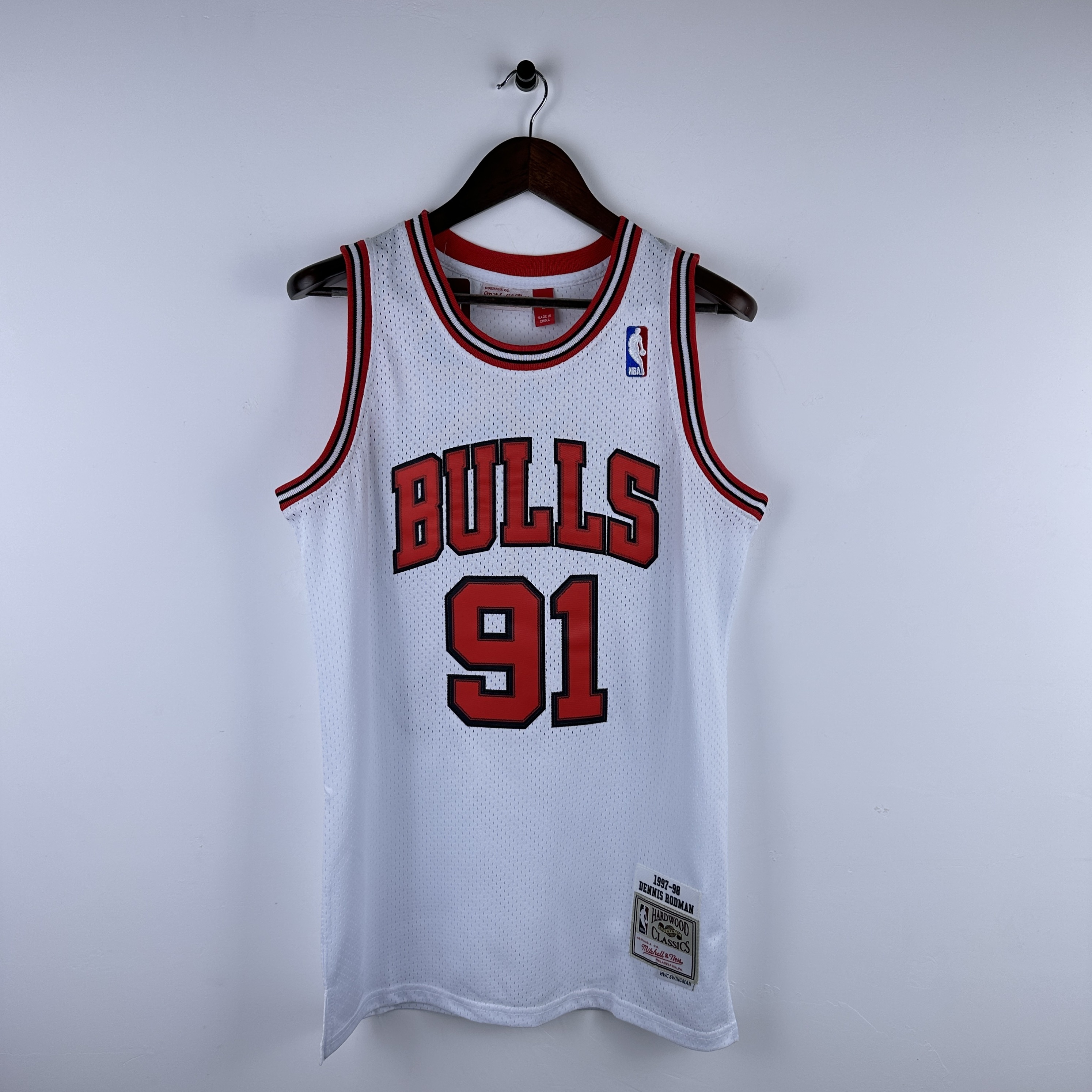 Embroidered MN retro jersey, Chicago Bulls 97/98 season, white, No. 91, Rodman