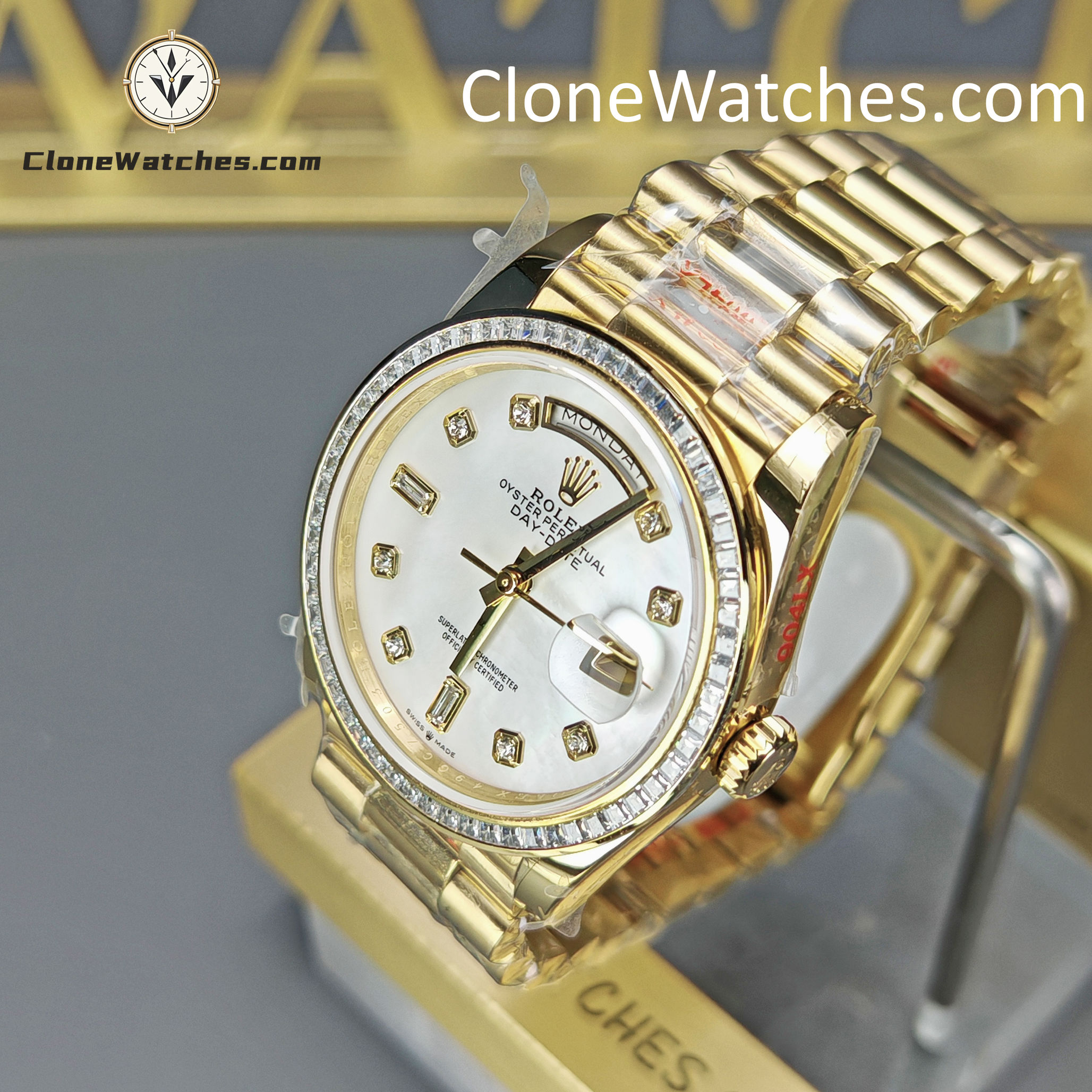 Rolex Super Clone Watches 1:1 Day Date Mother of Pearl Diamond Dial m128398tbr-0004 3255 Movement 36 mm