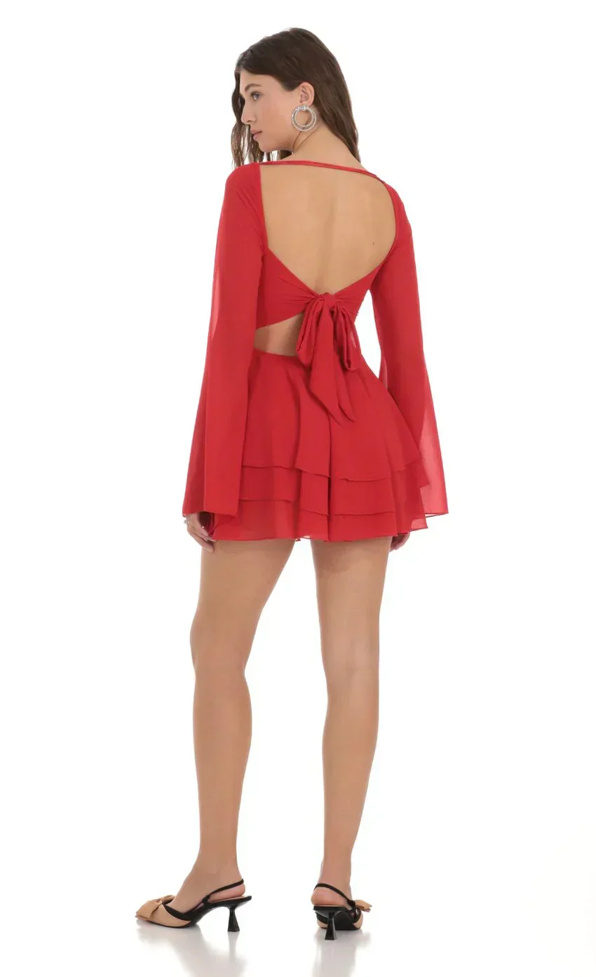 Chiffon Bell Sleeve Dress in Red