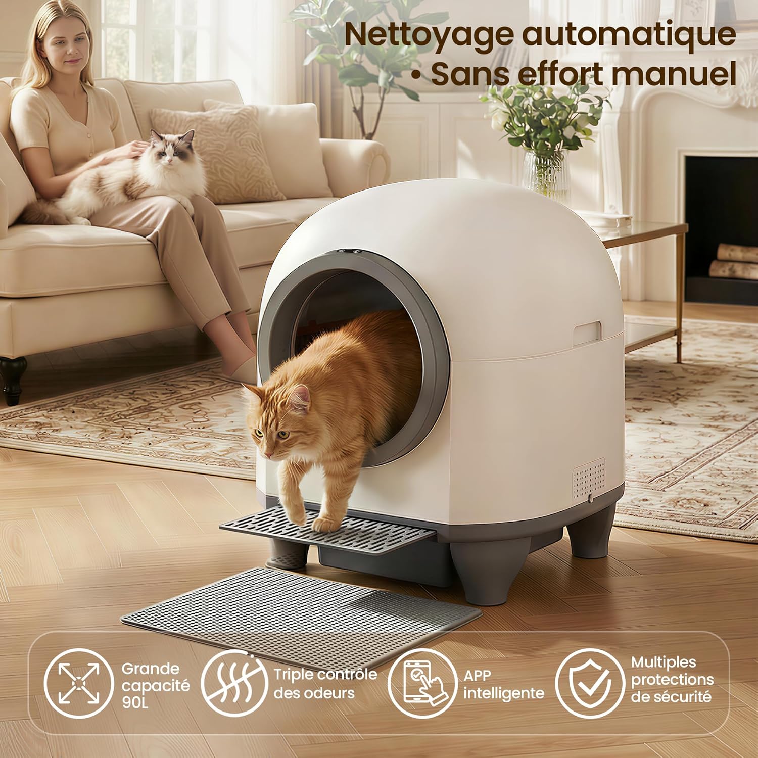 Litière chat autonettoyante grande capacité 90 L contrôle app 6 capteurs adaptée grands chats jusqu’à 10 kg