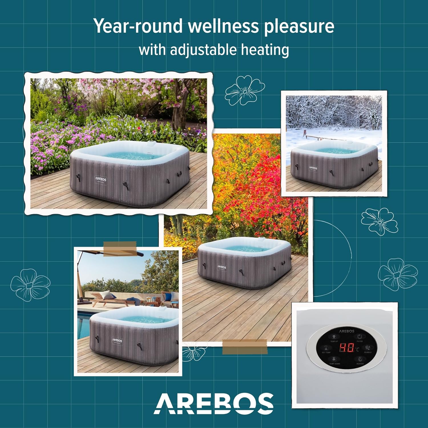Spa gonflable 2400W extérieur 6 personnes 185 x 185 cm 130 buses massage 910 L chauffage gonflage bouton poussoir couverture incluse
