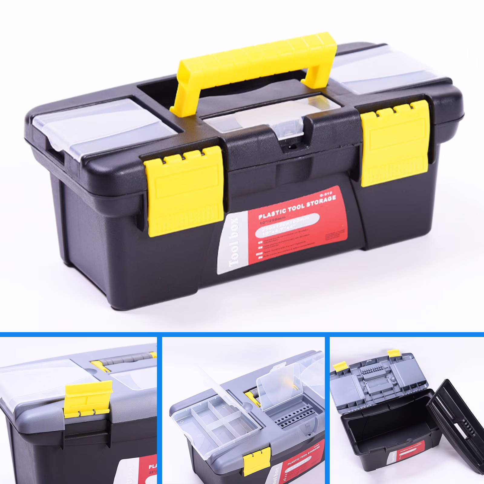 Double Layer Plastic Tool Box with Handle - Removable Tray Double Lock Secured, Heavy Duty Home Hardware Storage Case for Small Tools Nails Screws & Garage Organization Use, 10*5*4in, Yellow