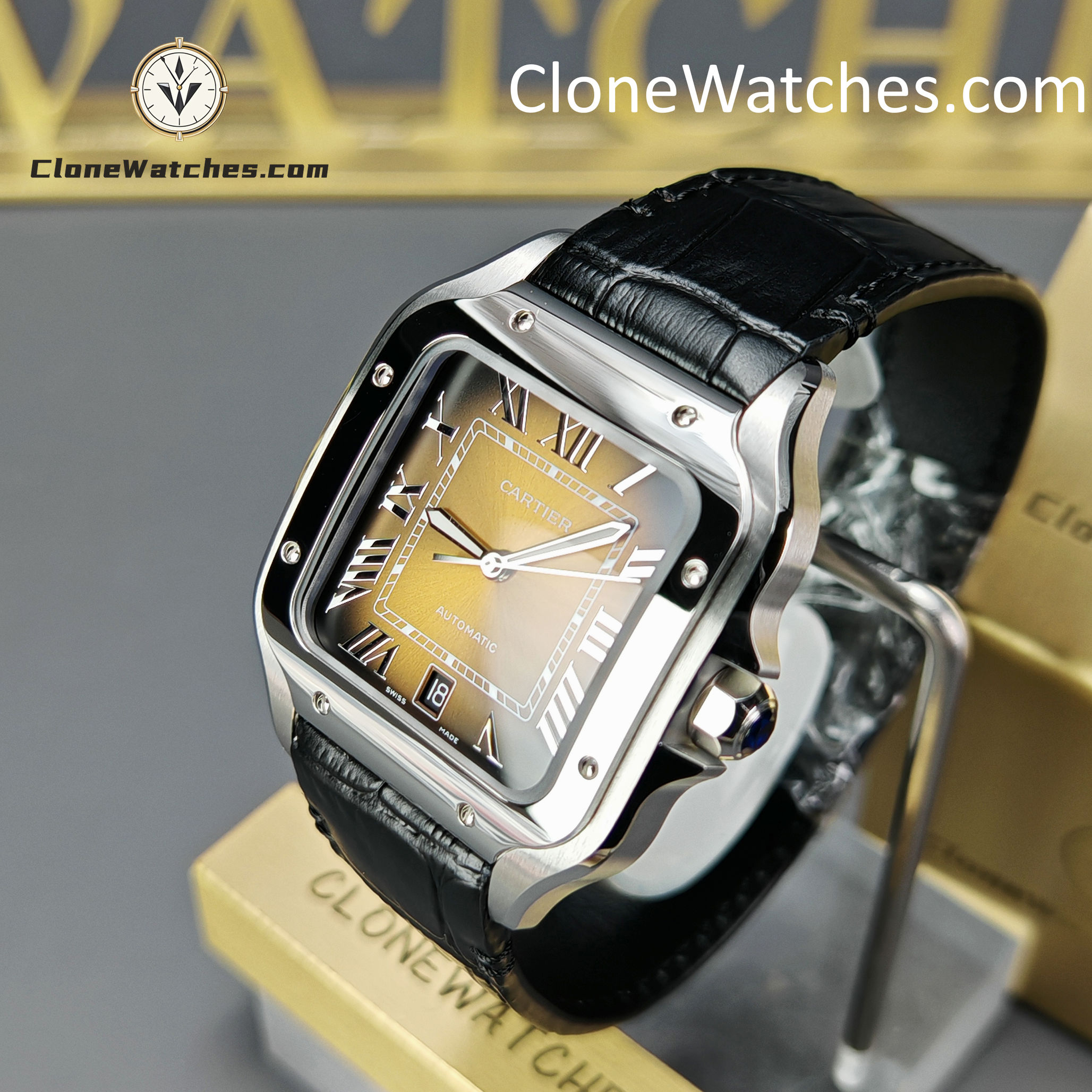 Cartier Super Clone Watches 1:1 Santos Gradient Brown Dial 39.8MM WSSA0064 Black Leather Belt