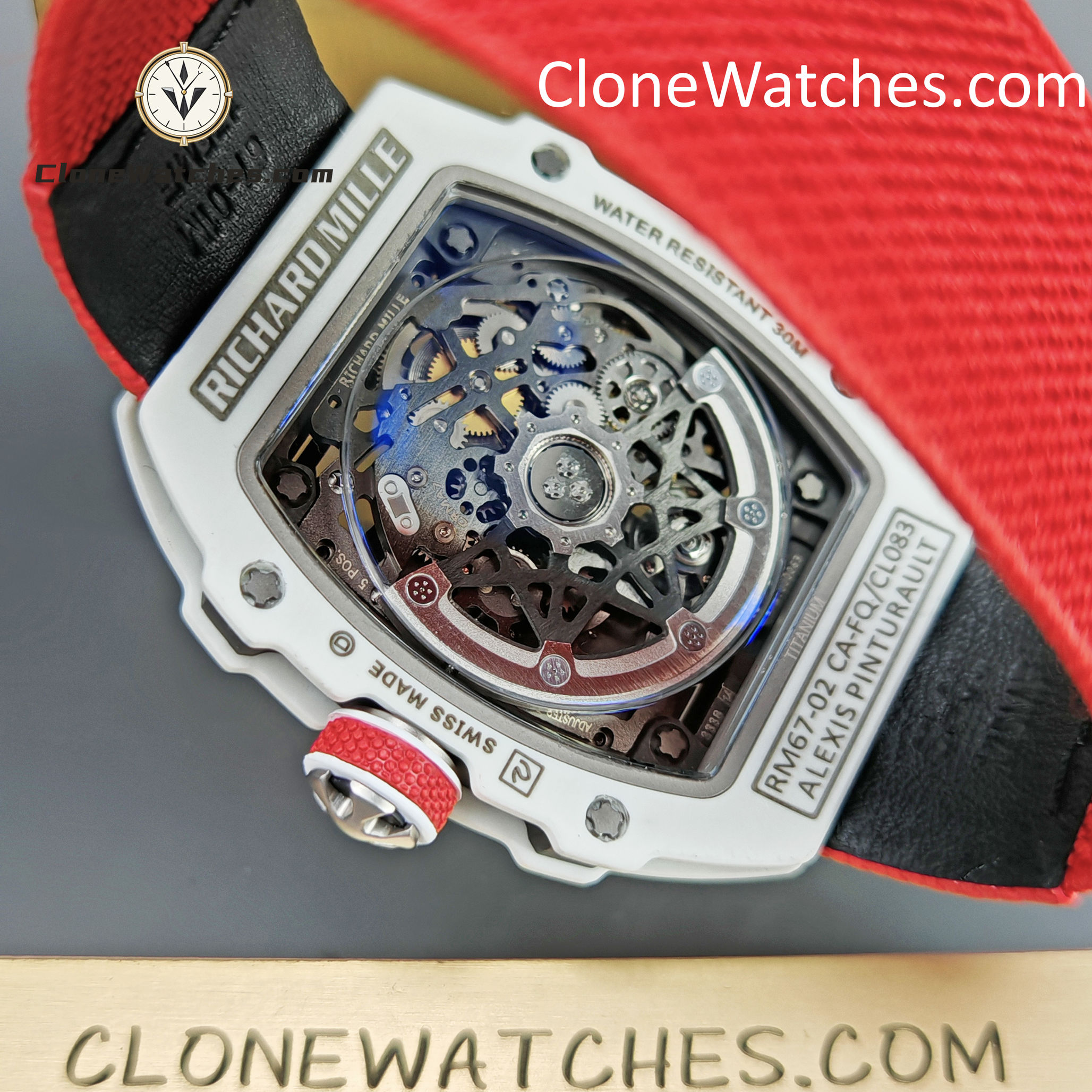 Richard Mille Super Clone Watches 1:1 RM 67 – 02 White Carbon Tourbillon Red Strap