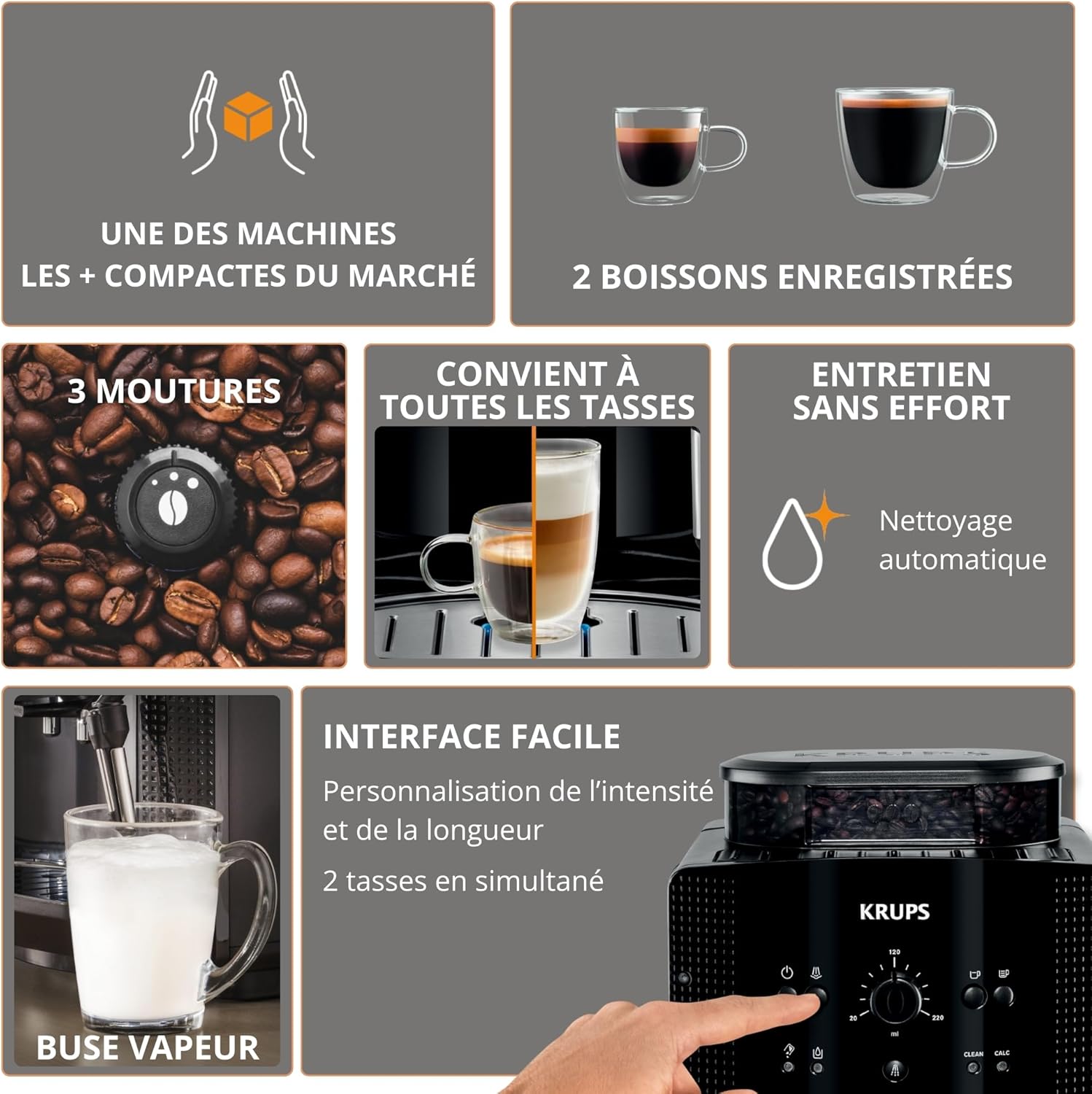 Machine café grains expresso 2 tasses nettoyage auto buse vapeur cappuccino Essential noire YY8125FD