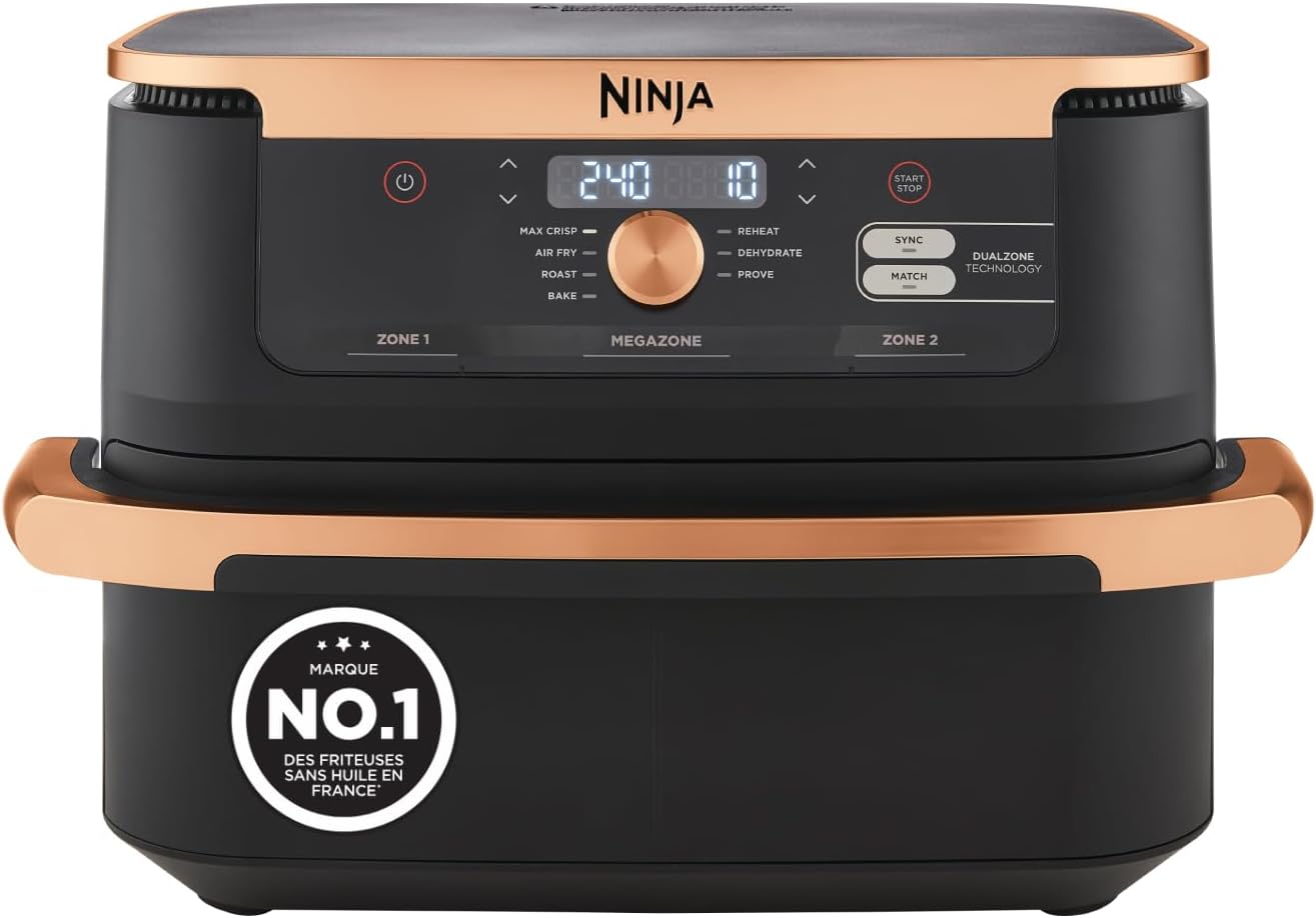 Friteuse air chaud Foodi FlexDrawer 104 L dual zone séparateur amovible 7 en 1 pièces antiadhésives lavables noir cuivre AF500EUCP