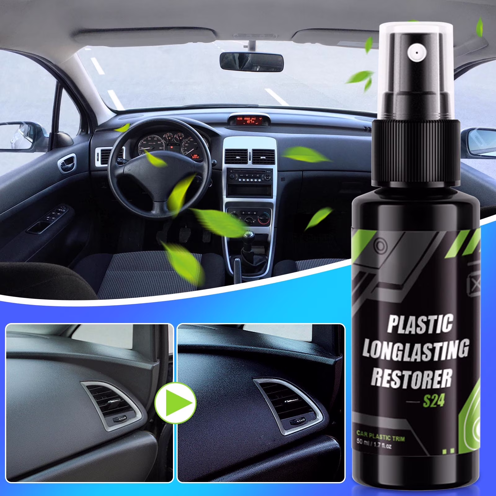 Car Plastic , Dashboard Restoration Kit for Interior Trim Repair, 1.7 fl oz UV Protectant Coating to Rejuvenate Faded Scratched Surfaces on Door Panels and Consoles