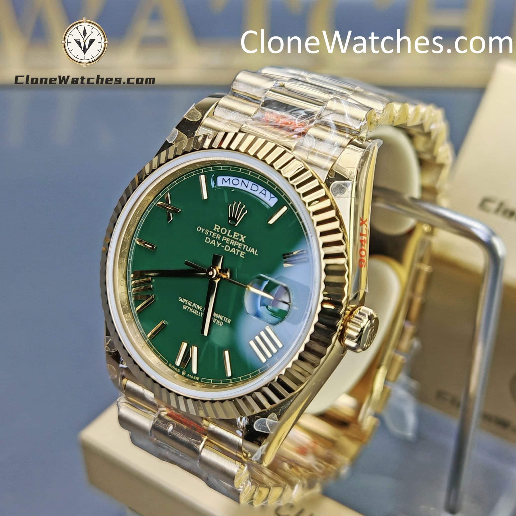 Rolex Super Clone Watches 1:1 Day Date 18K Gold Green Roman Dial 40mm m228238 3255 Movement