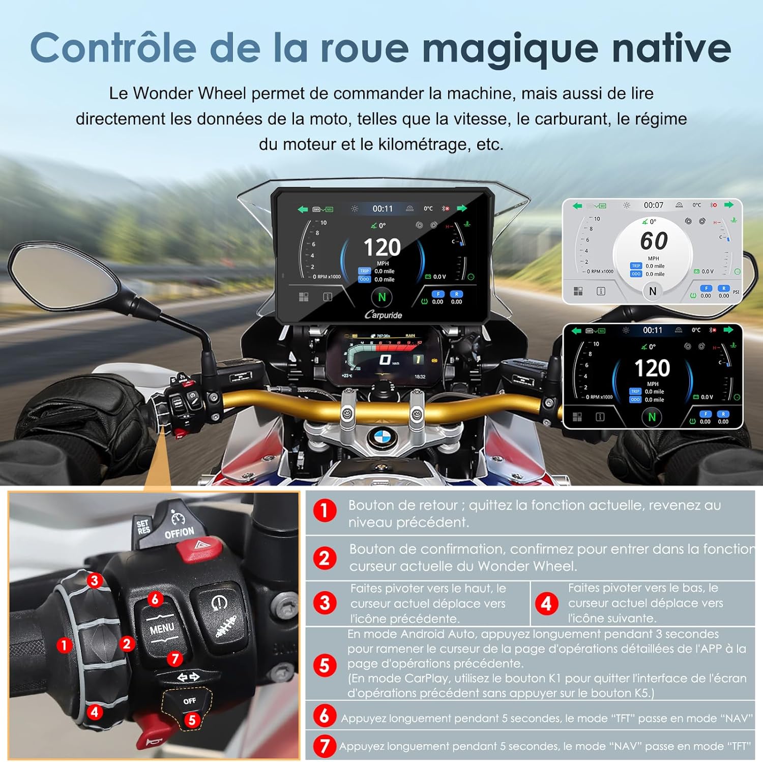 Écran moto CarPlay Android Auto 7 pouces étanche double Bluetooth