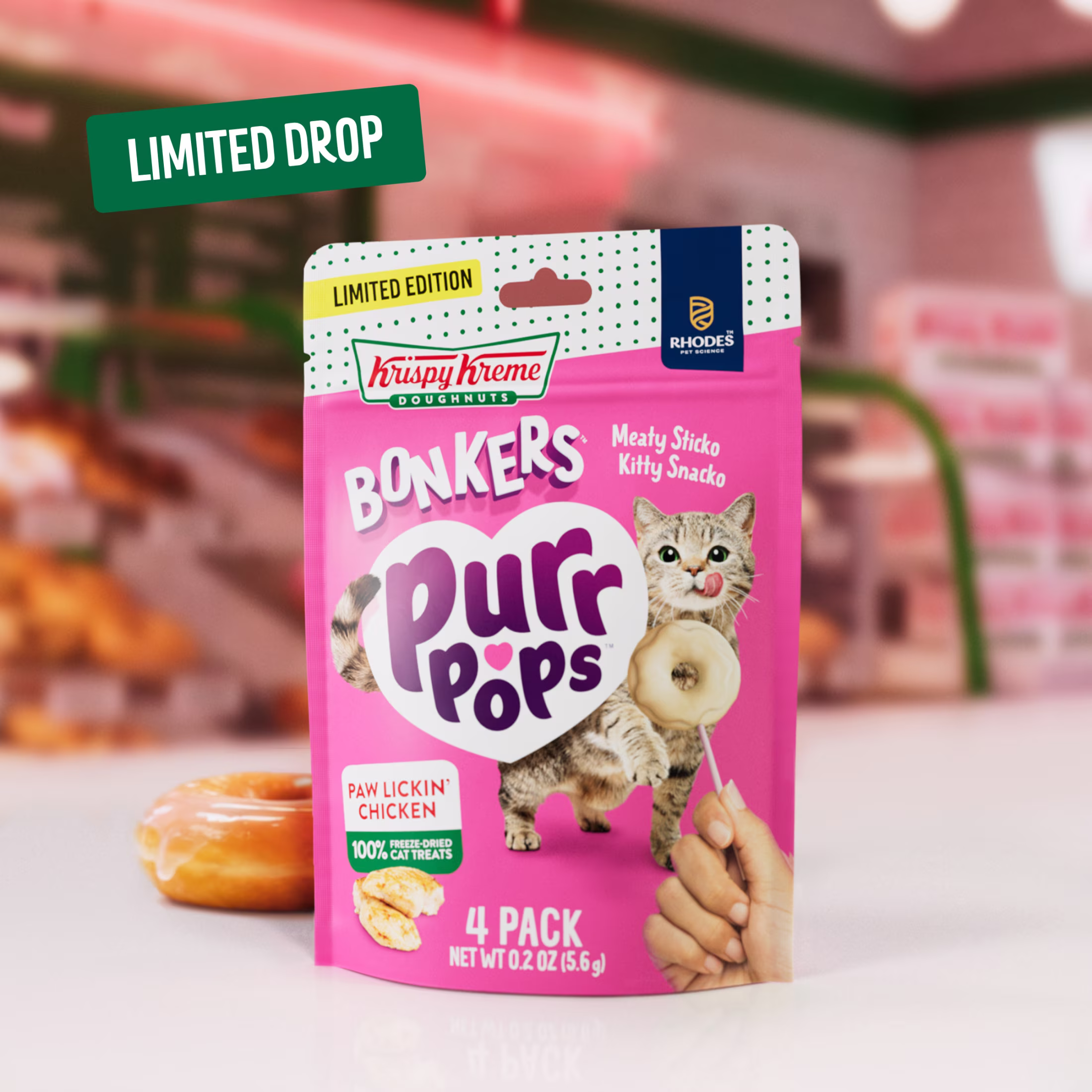 BONKERS Purrpops Krispy Kreme Limited-Edition Freeze-Dried Chicken Flavored Lollipop Cat Treats, 4 Pack
