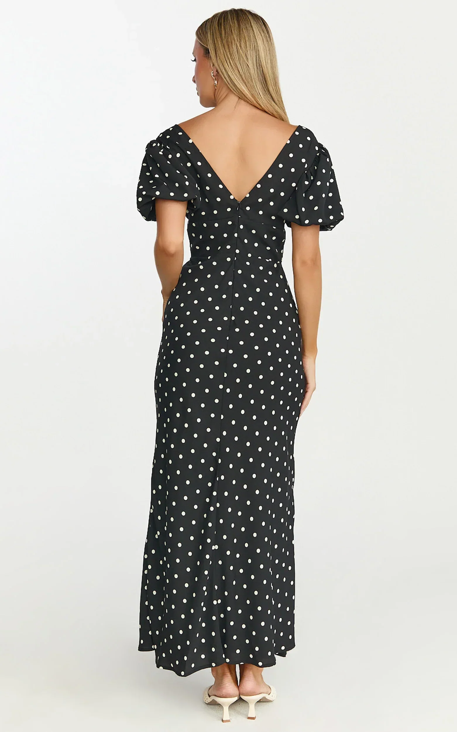 Elise Midi Dress - V Neck Puff Sleeve Dress in Black Polka