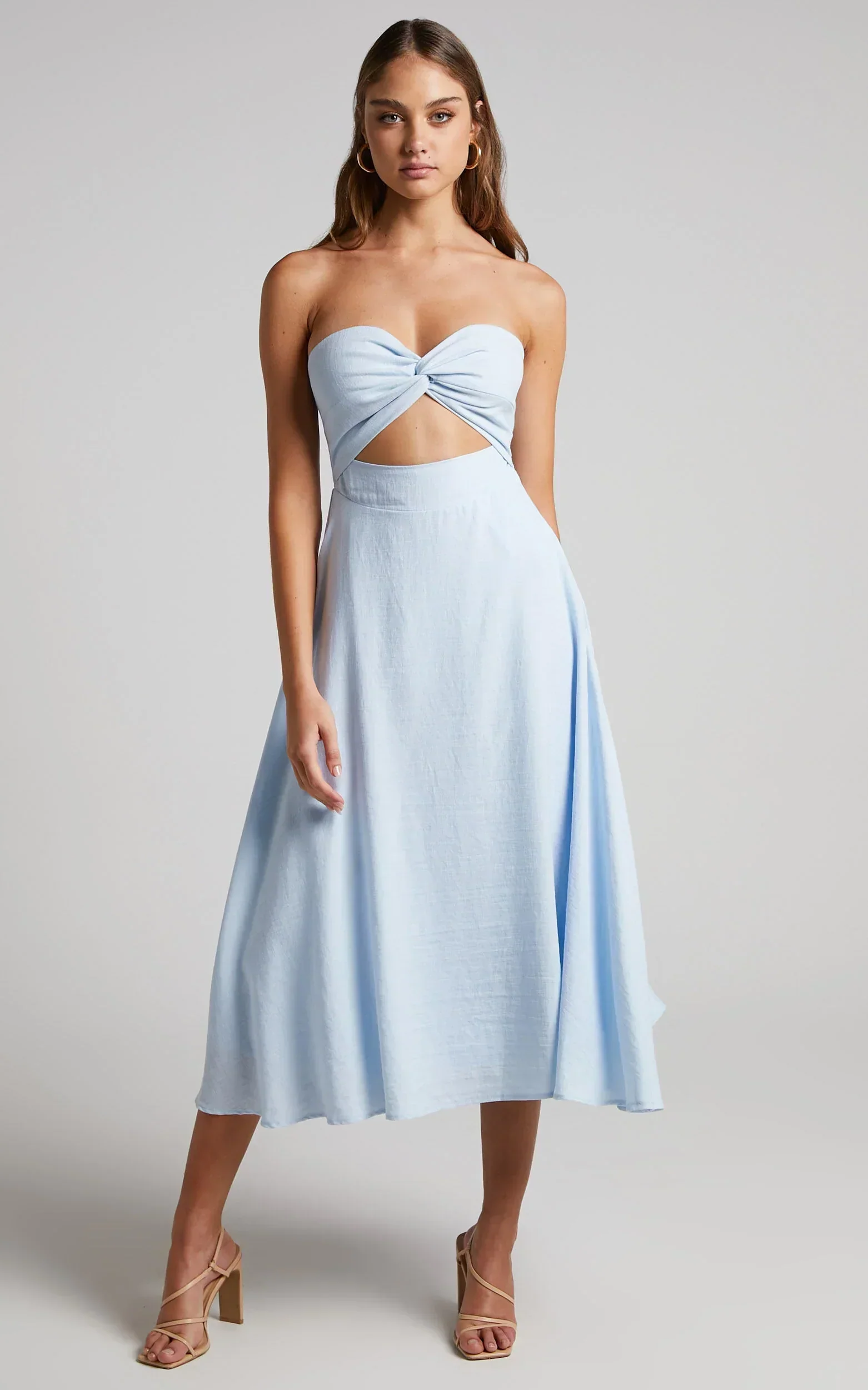 Avie Midi Dress - Twist Strapless Cocktail Dress in Ice Blue