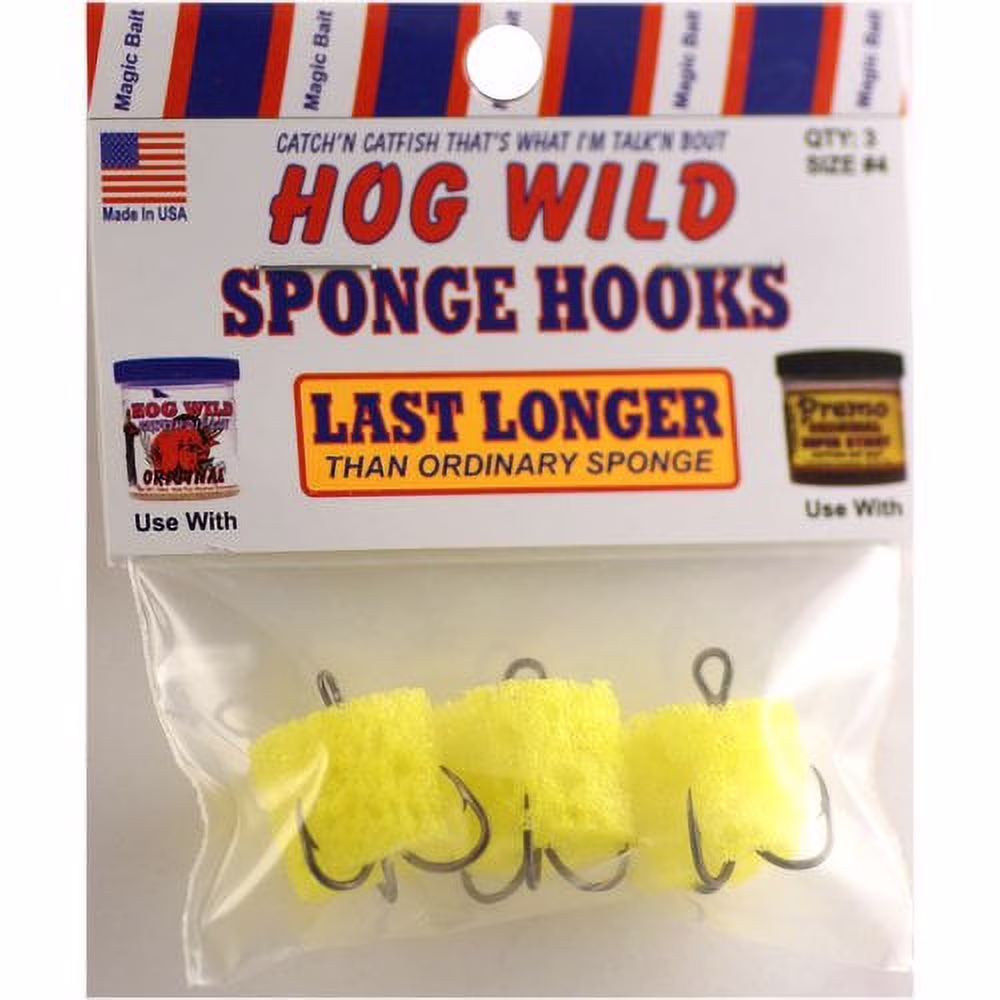 (4 pack) Magic Bait, Sponge Catfish Dip Bait Holder Fishing Hooks, Yellow, 3ct