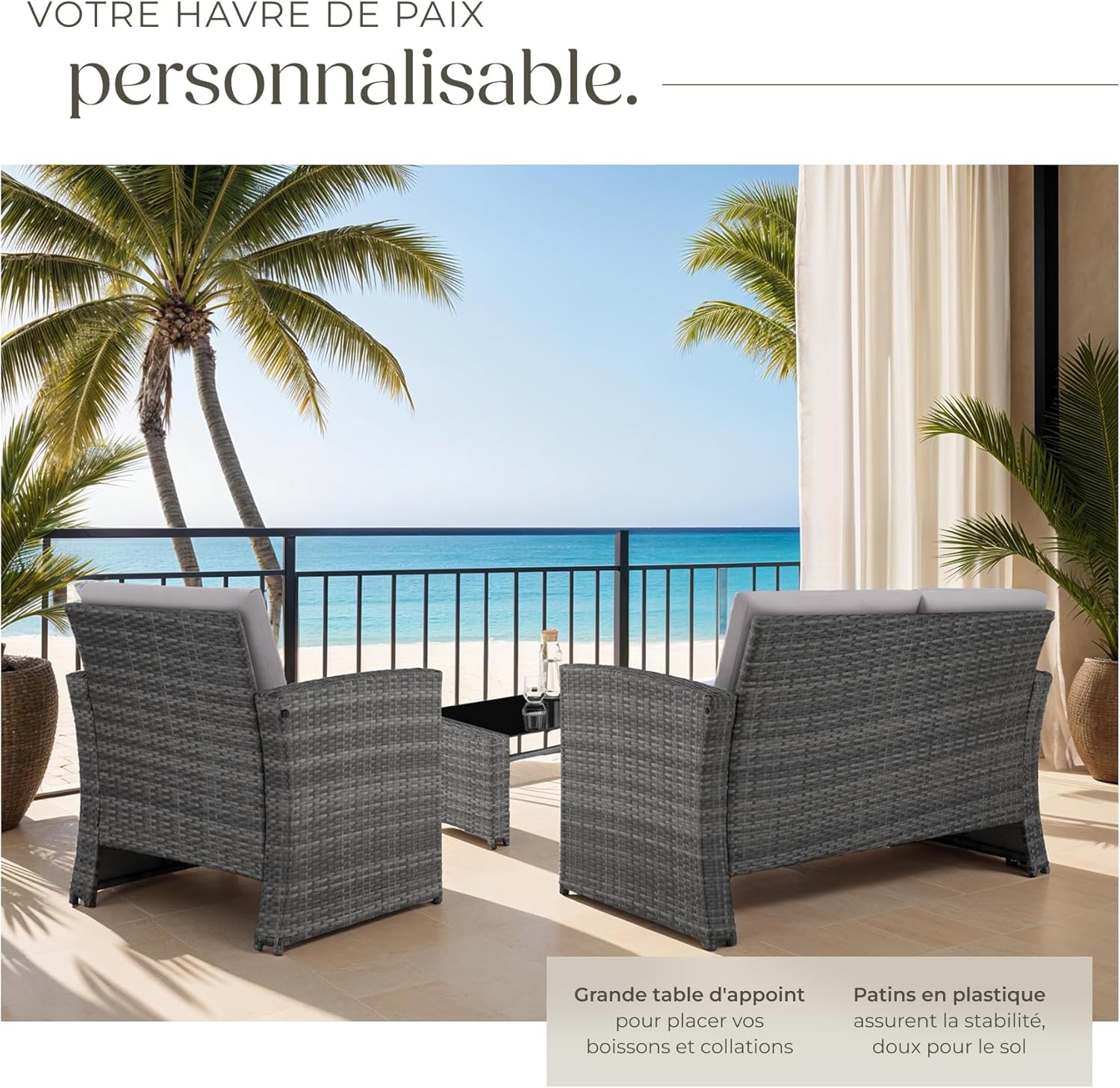 Salon jardin résine tressée 4 personnes canapé 2 fauteuils table verre coussins gris gris clair