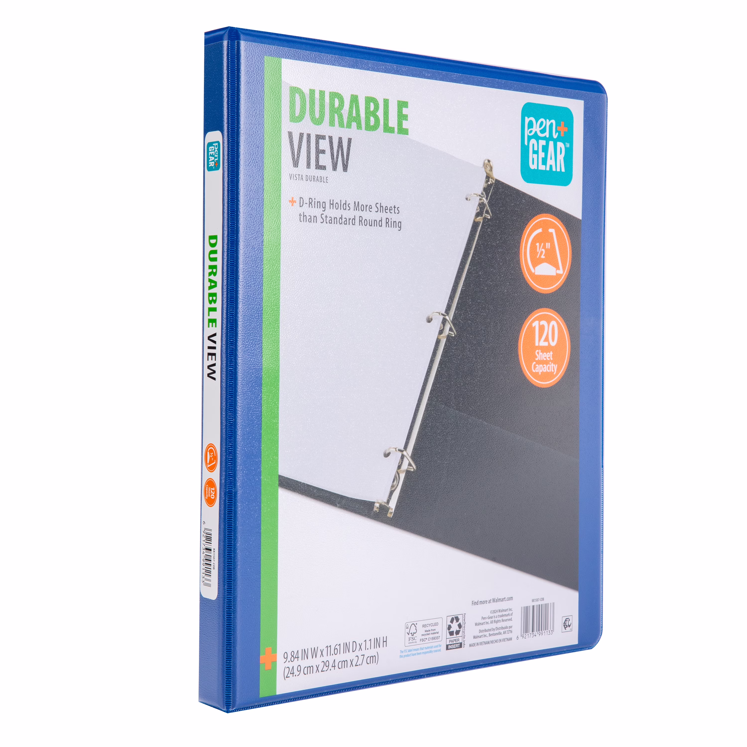 Pen+Gear Durable View 1/2 in D-Ring Binder, Cobalt Blue