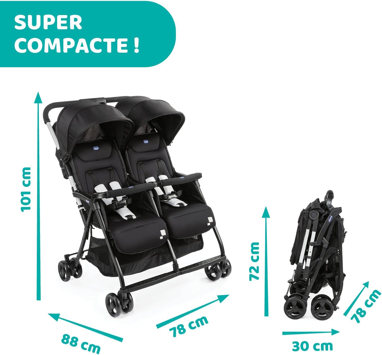 Poussette double tandem Ohlalà inclinable pliable jumeaux jusqu’à 15kg capote extensible noir