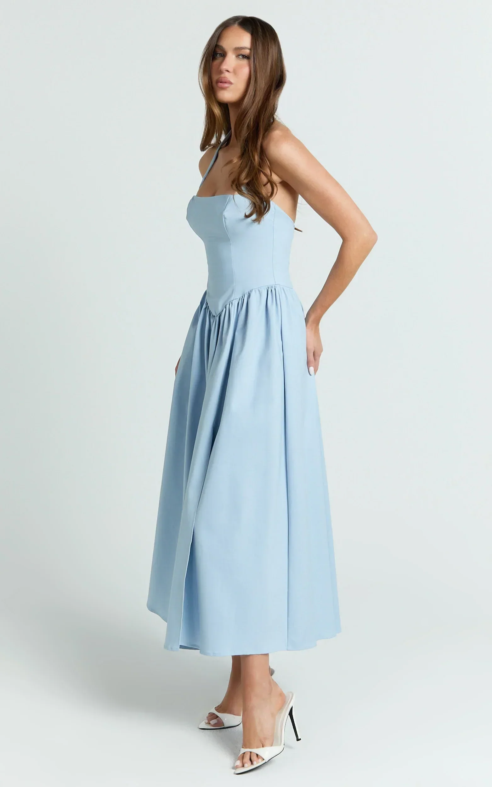 Helda Midi Dress - Halter Tie Neck Corset Panel Dress in Soft Blue