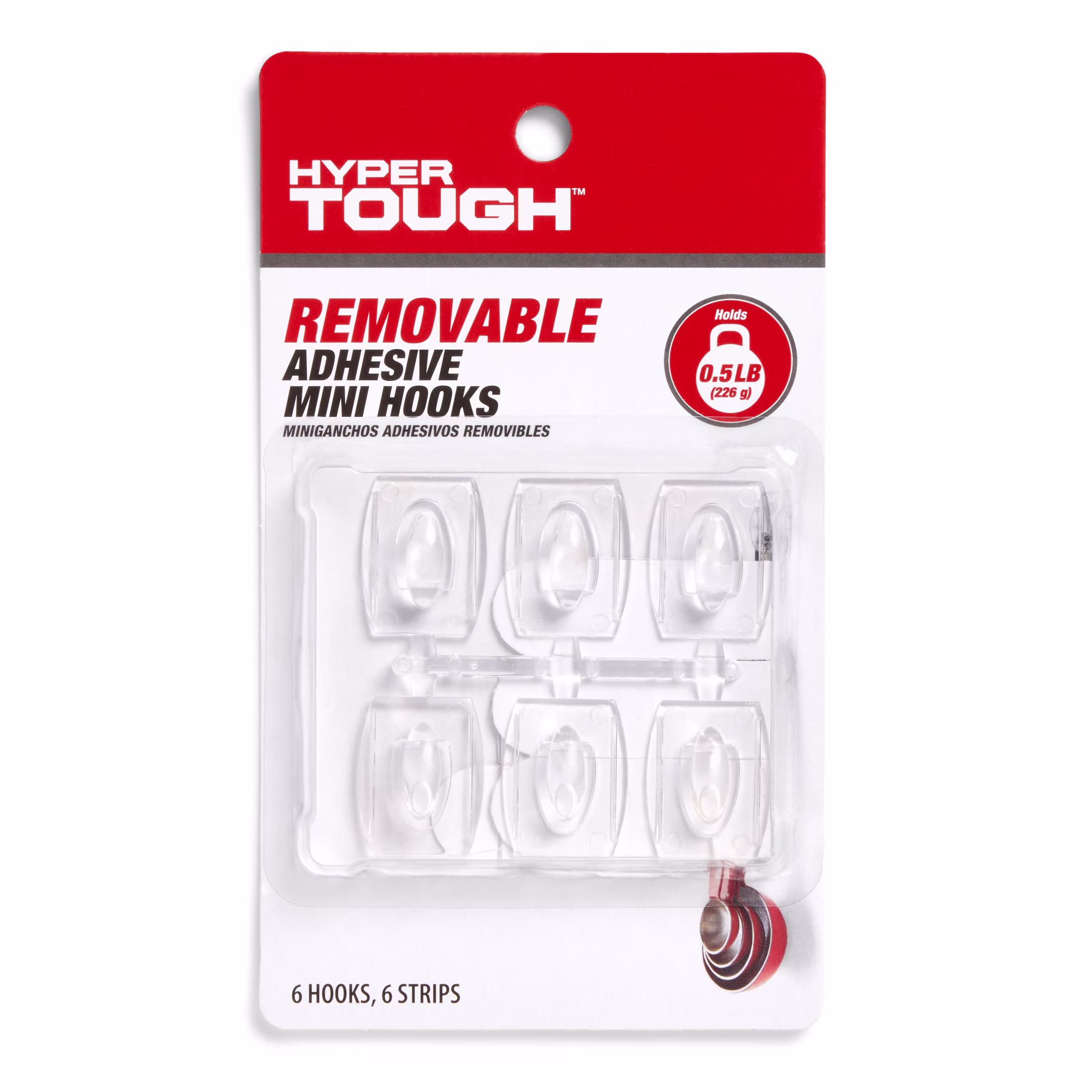Hyper Tough Mini Removable Self-Adhesive Hooks, Square Plastic Hooks for Hanging Towels and Jackets, with 6 Adhesive Strips, 0.5 lbs Capacity, Clear, 6 Pc