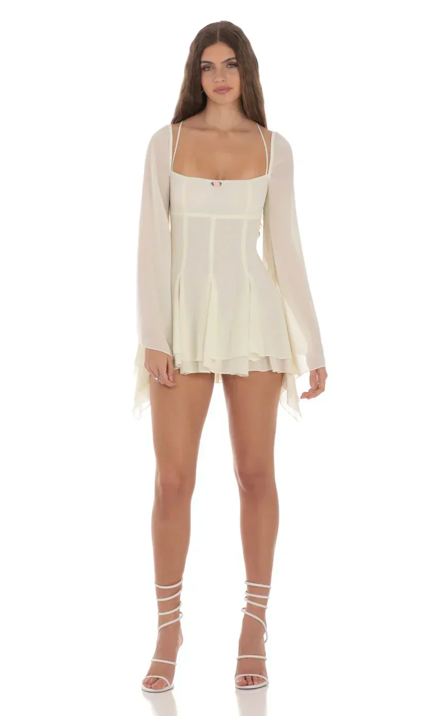 Chiffon Flare Sleeve A-line Dress in Cream