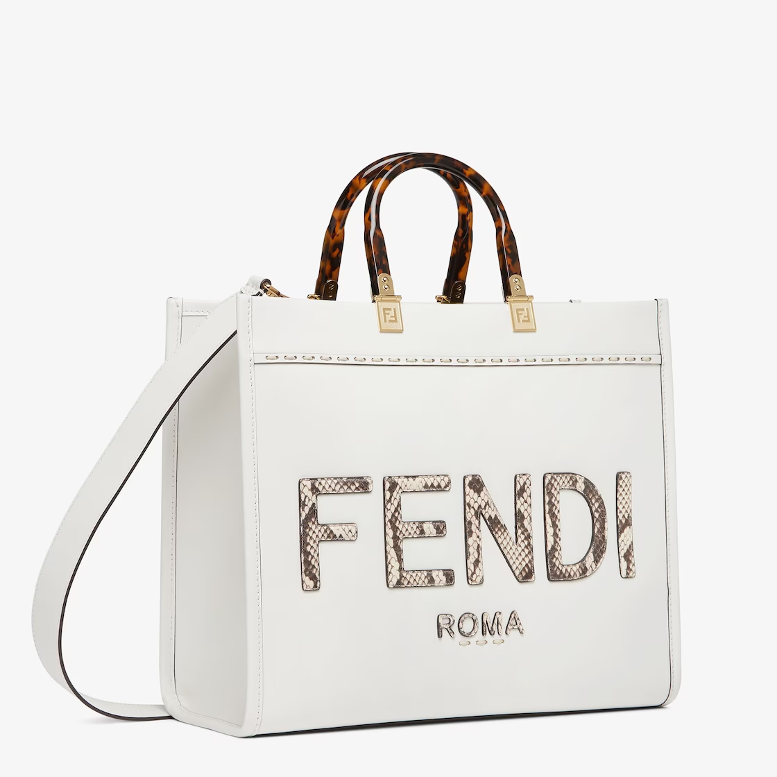 Fendi Medium Sunshine Shopping Tote Bag  Light brown leather and brocade snakeskin handbag-white