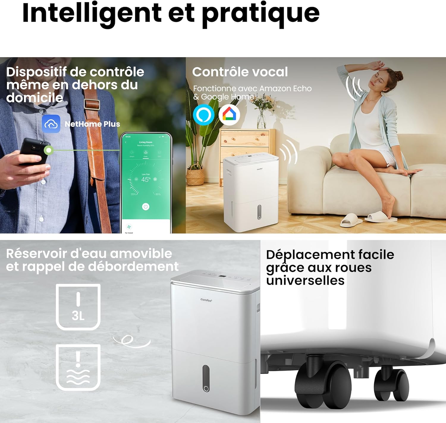 Déshumidificateur 20 L jour connecté réservoir 3 L mode sèche linge