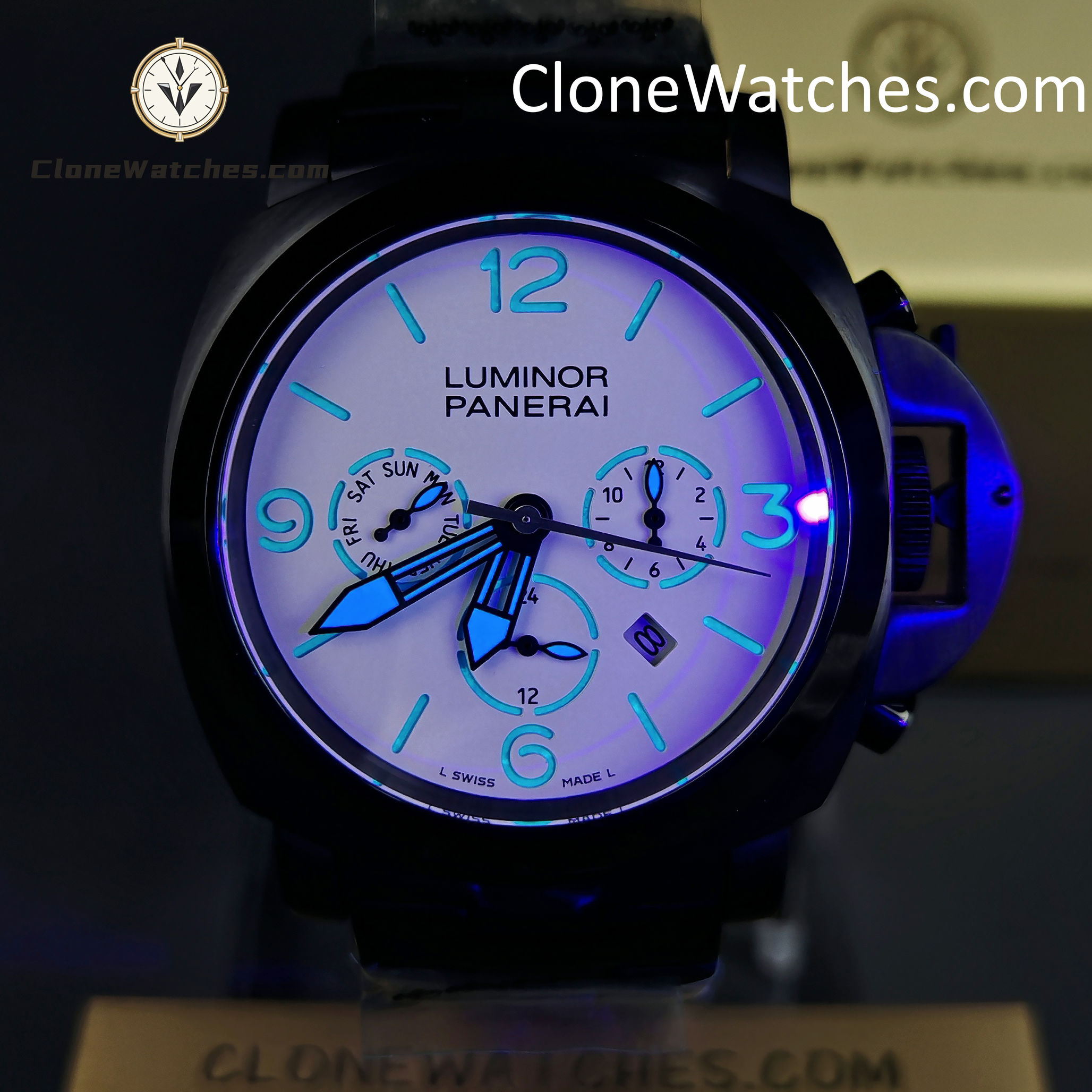 Panerai Super Clone Watches 1:1 White Dial Black Bracelet 44mm