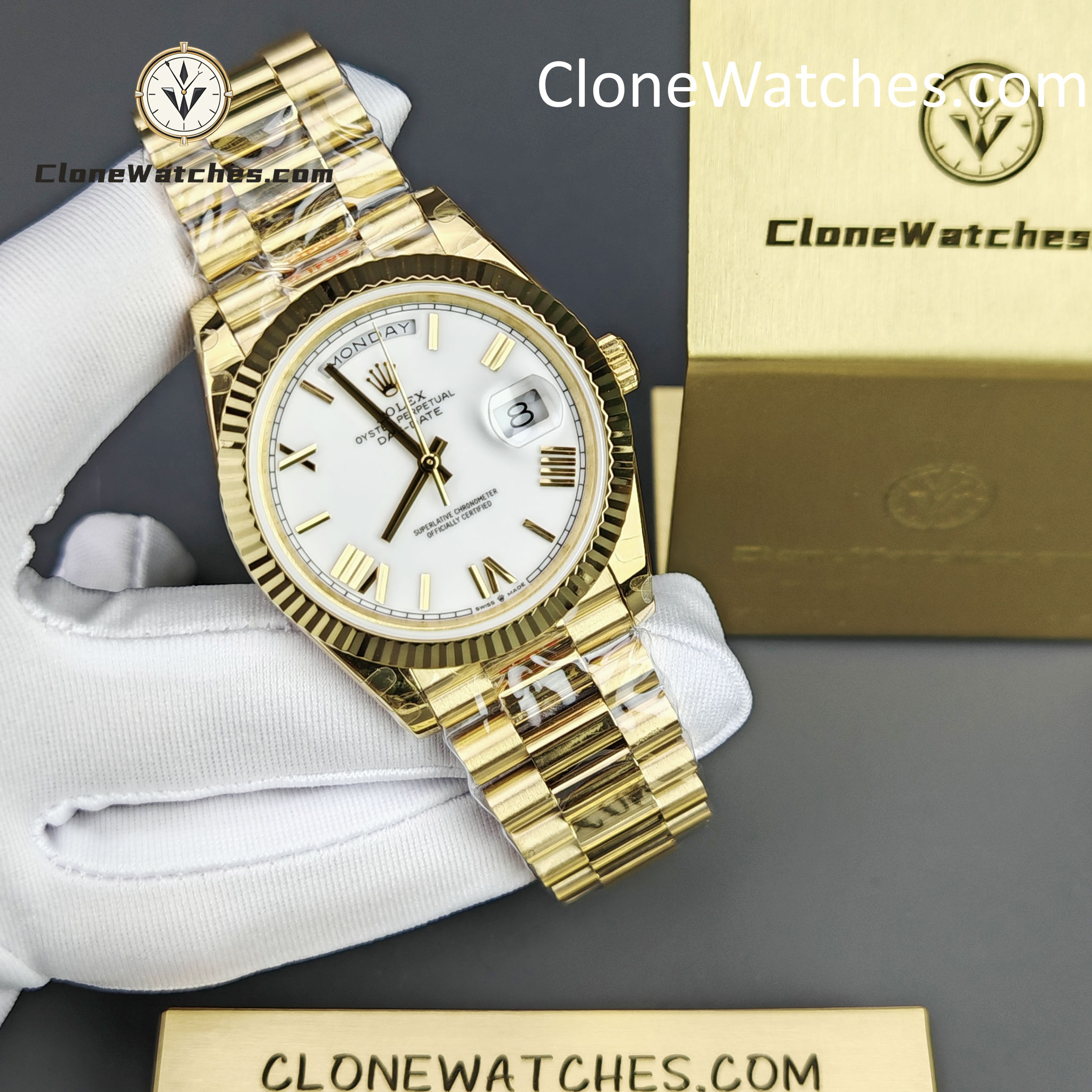 Rolex Super Clone Watches 1:1 Day Date 18K Gold White Dial 40mm m228238-0042 3255 Movement