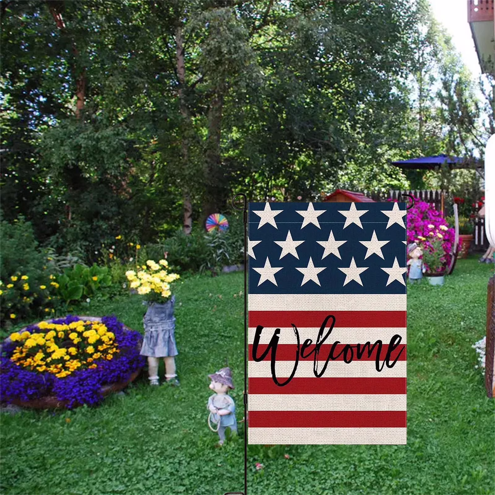 Wzzjkit Patriotic 4th of July Garden Flag 12x18in, Double-sided Memorial Day Garden Flag for Outdoor Yard Party Supplies, Red White and Blue Linen Fourth of July Garden Flag