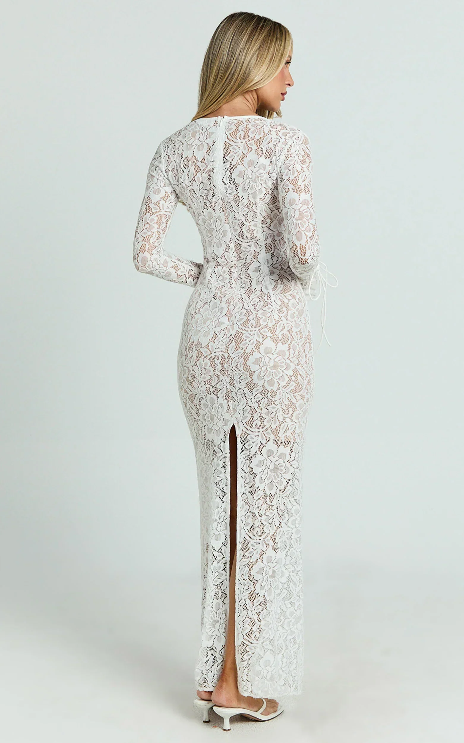 Paula Maxi Dress - Lace V Neck Long Sleeve Column Dress in White