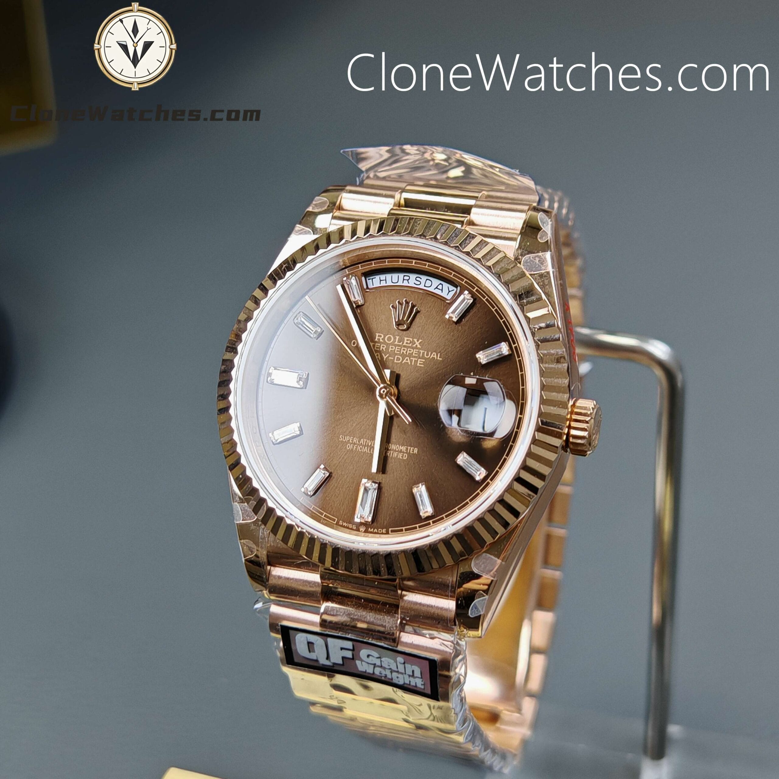 Rolex Super Clone Watches 1:1 Day Date 18K Rose Gold Diamond Chocolate Dial 40mm m228235 3255 Movement