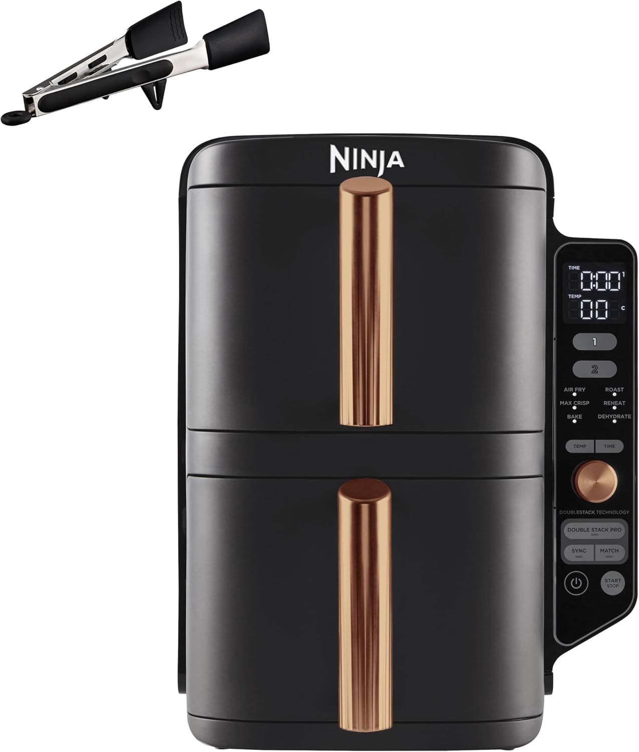 Friteuse air chaud Double Stack XL 95 L 2 compartiments verticaux 4 niveaux cuisson 6 en 1 pièces antiadhésives lavables noir cuivre