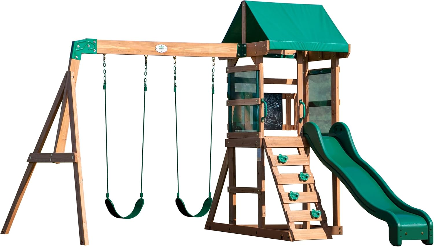 Aire de jeux en bois Buckley Hill portique balançoire mur escalade toboggan bac à sable cabane extérieur enfant