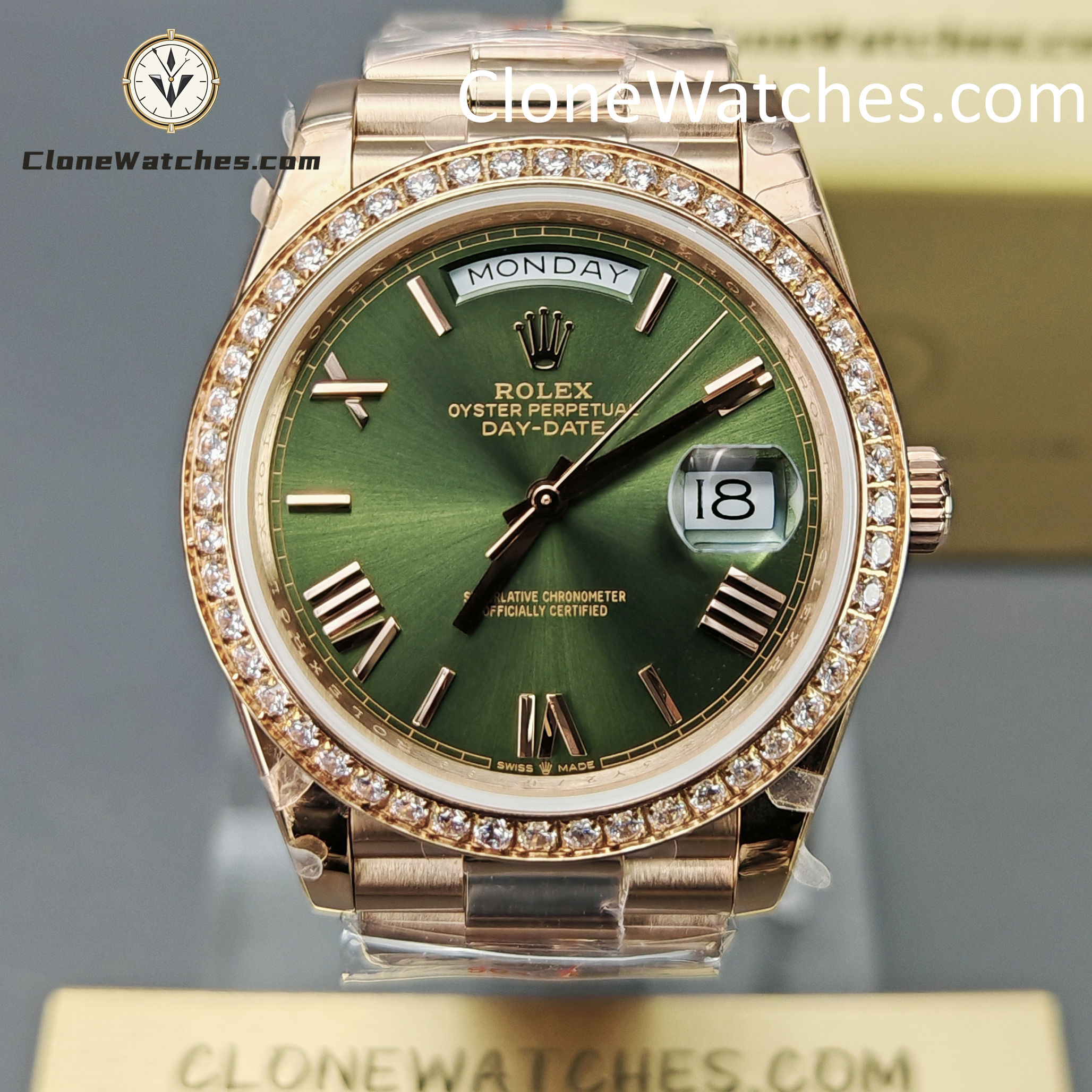 Rolex Super Clone Watches 1:1 Day Date Rose Gold Green Roman Dial 40mm m228345rbr-0011 3255 Movement