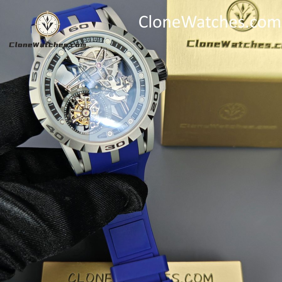 Roger Dubuis Super Clone Watches 1:1 Excalibur Skeleton Tourbillon RDDBEX0479 45MM Blue Strap