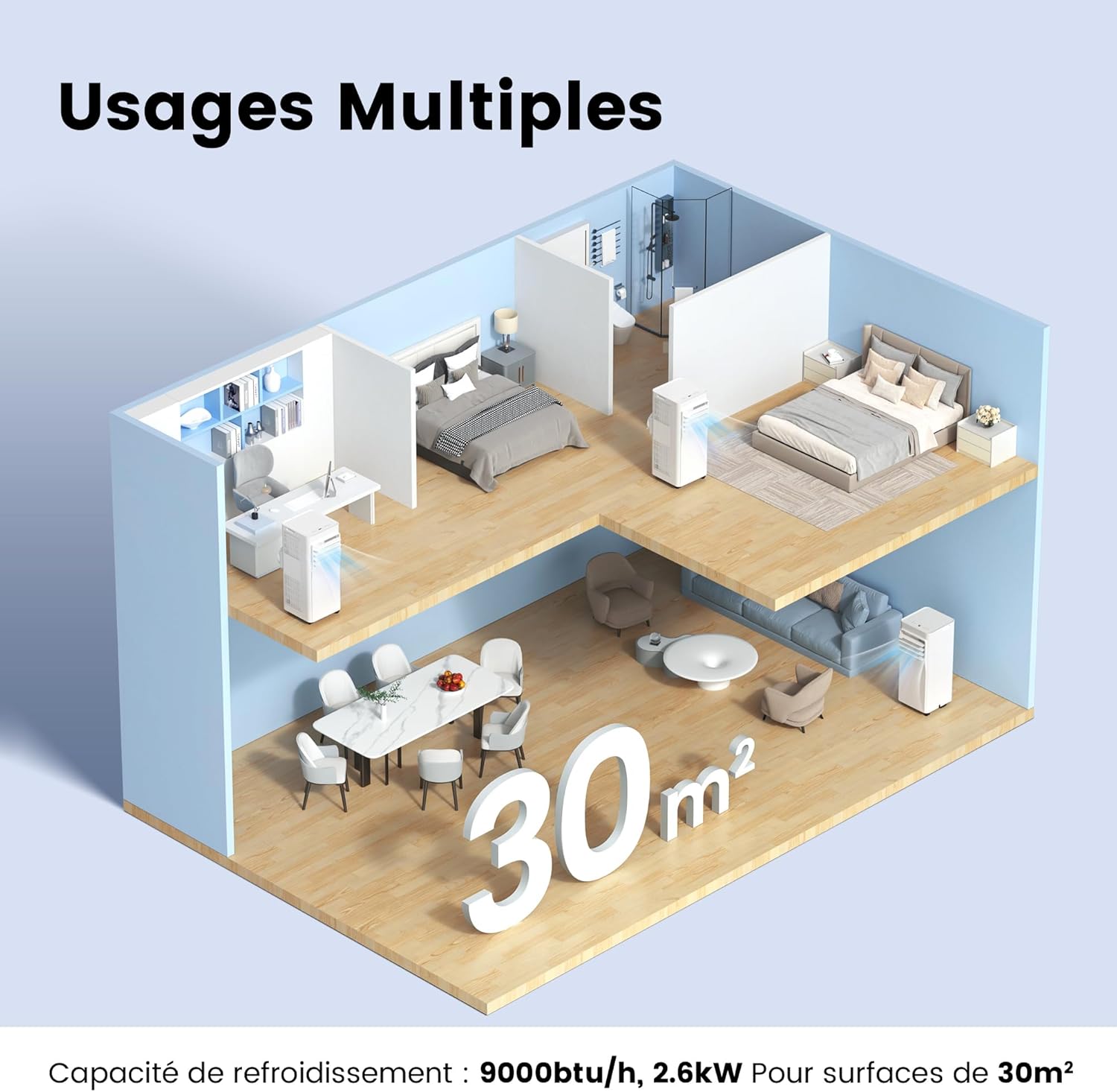 Climatiseur mobile 9000 BTU 26 kW app 3 modes 3 vitesses compact pièces 33 m² Breezy Cool 26 Alexa
