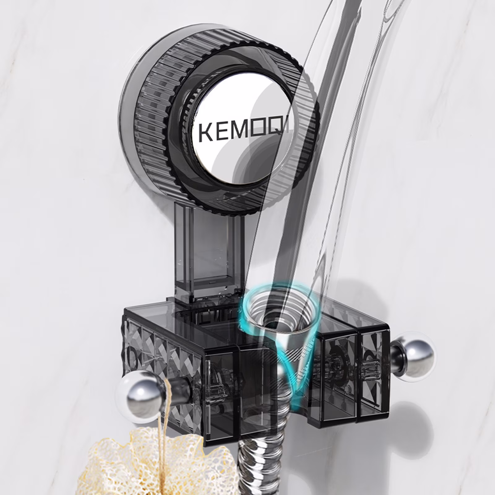 COM1950s Shower Head Holder Wall Mount,Handheld Shower Head Holder - Adjustable Suction Cup Bracket for Bathroom Wall Mount with Hook for Towels,Shower Ball,Shower Loofah,1Pc(Clear)