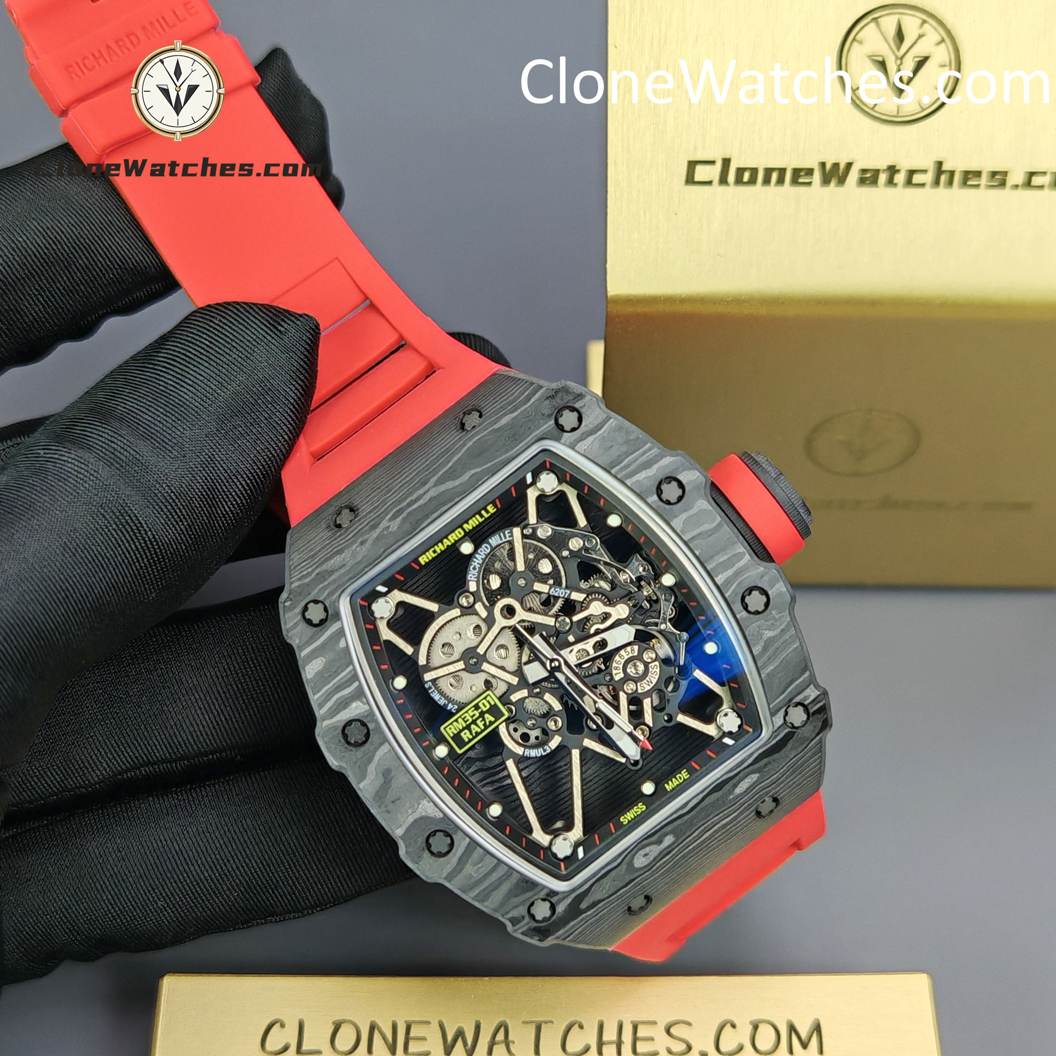 Richard Mille Super Clone Watches 1:1 RM 035 – 01 Carbon Tourbillon Red Strap