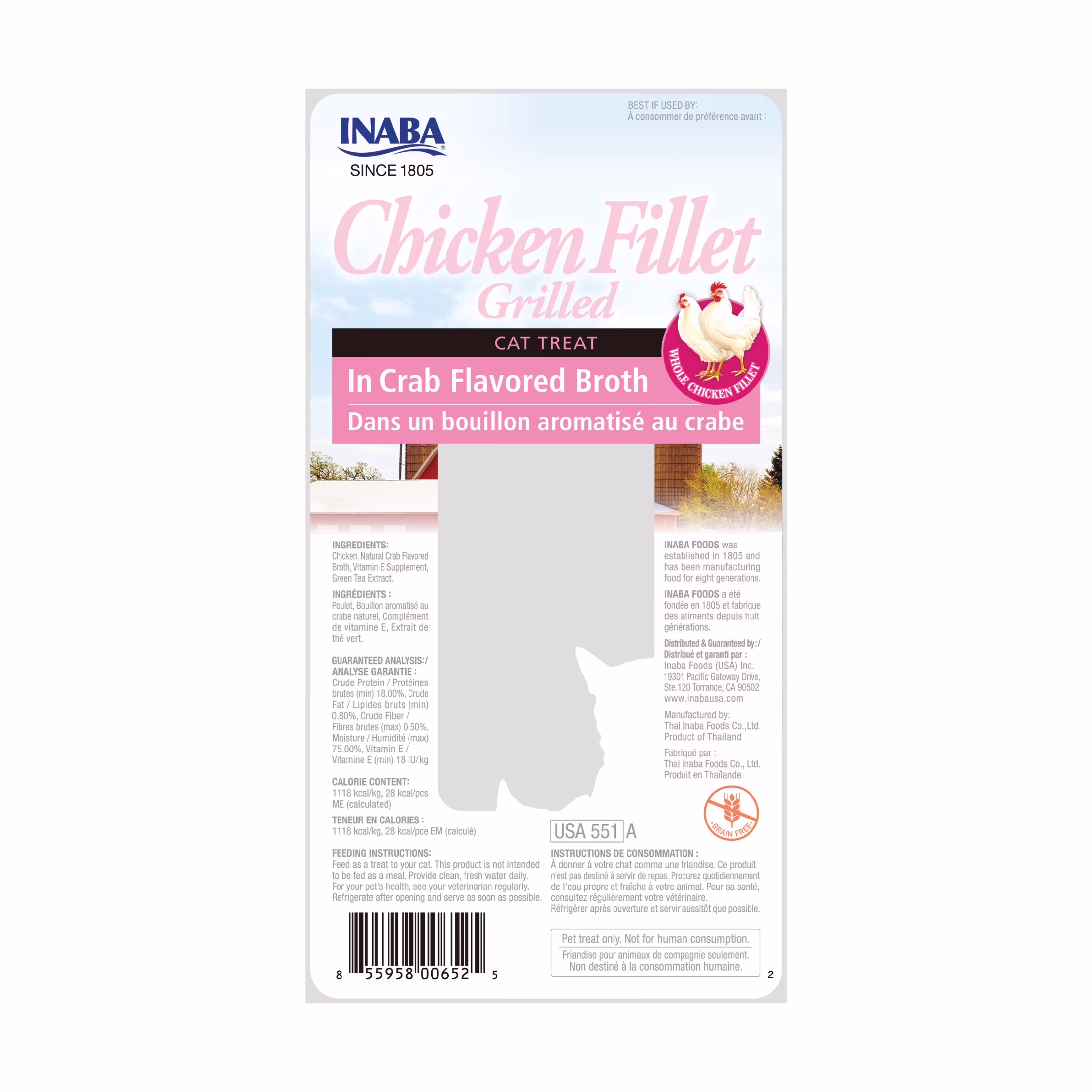 INABA Premium Hand-Cut Grilled Chicken Fillet Cat Treats w Vitamin E, 0.9 oz, Crab Broth