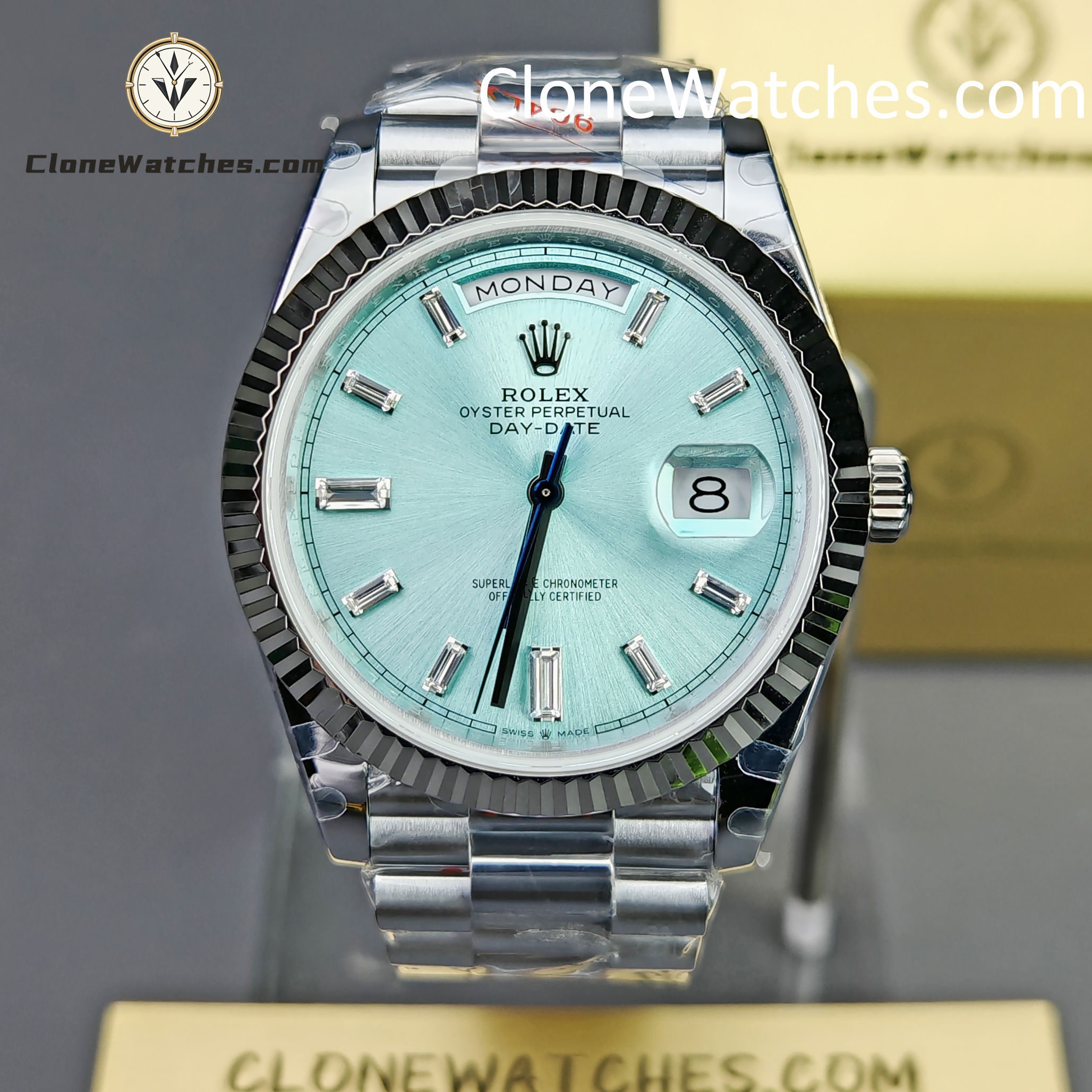 Rolex Super Clone Watches 1:1 Day Date Ice Blue Diamond Dial 40mm m228236-0006 3255 Movement