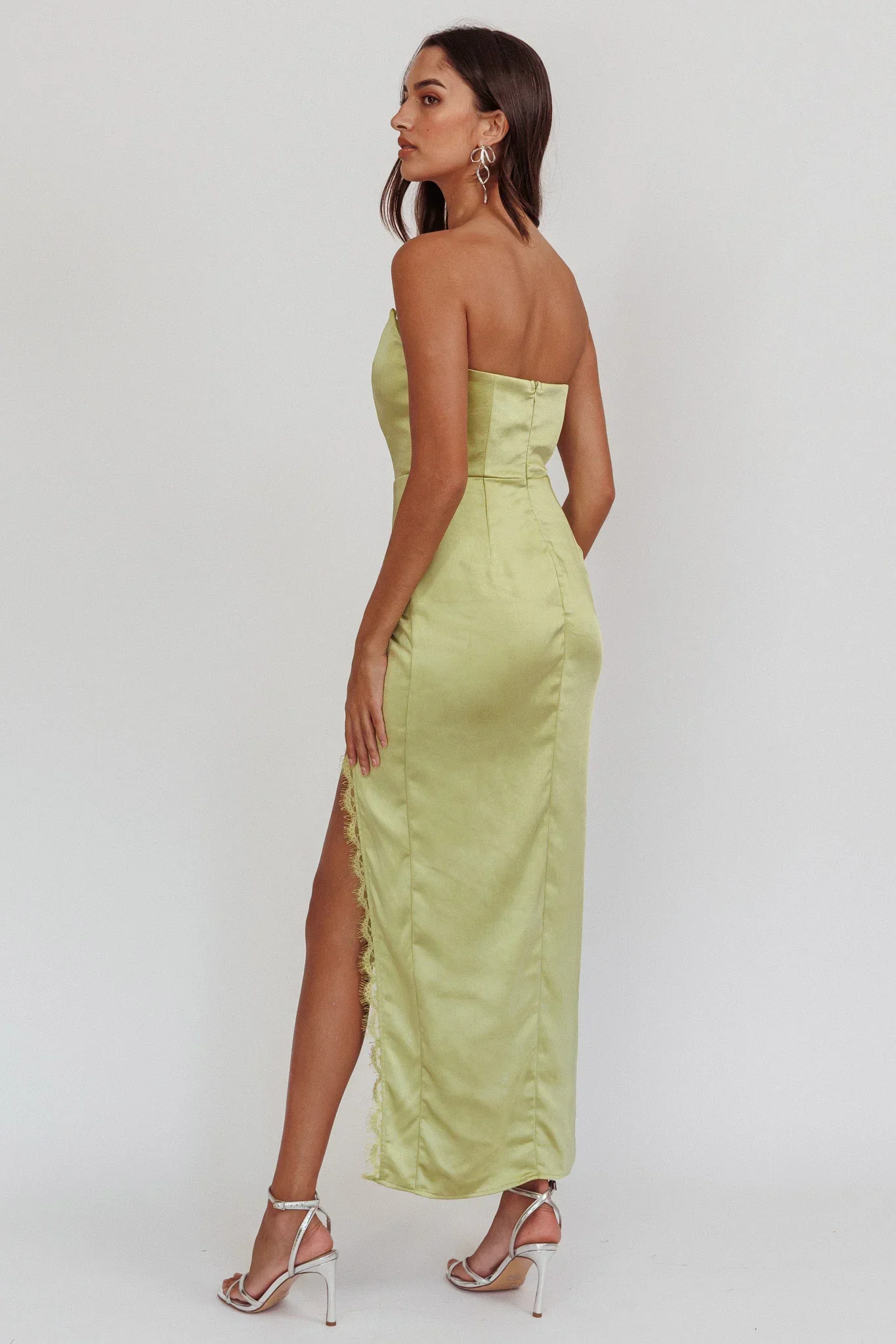 Winter Moon Strapless Lace Trim Midi Dress Sage