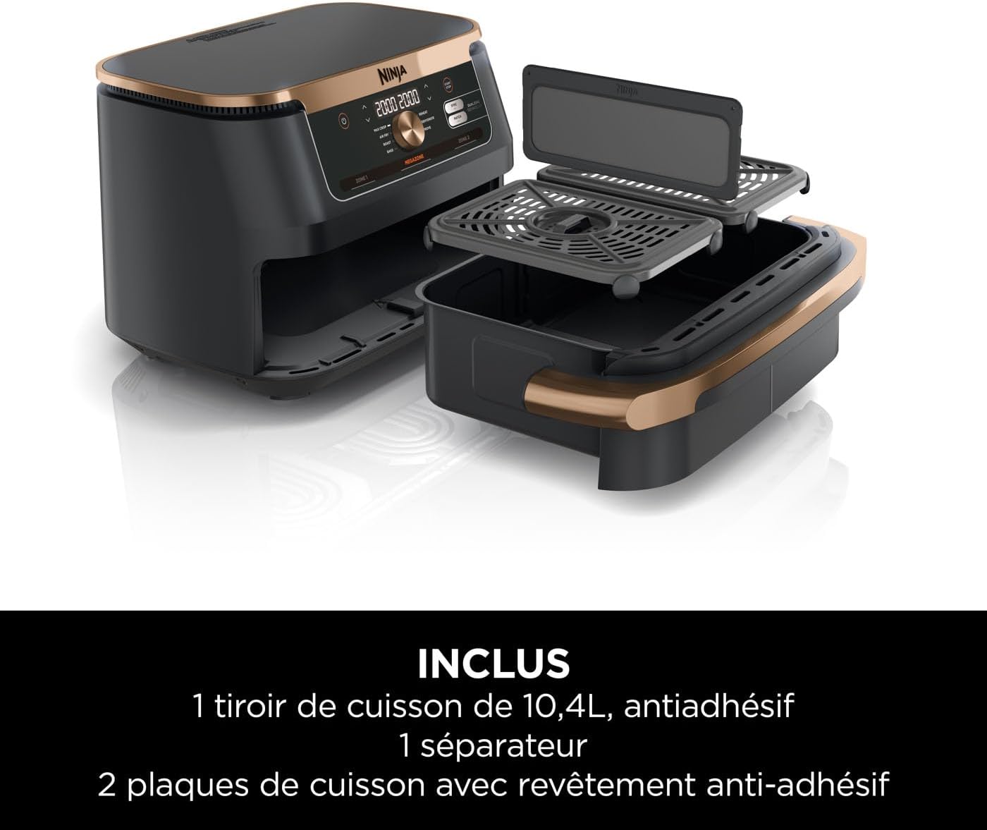 Friteuse air chaud Foodi FlexDrawer 104 L dual zone séparateur amovible 7 en 1 pièces antiadhésives lavables noir cuivre AF500EUCP