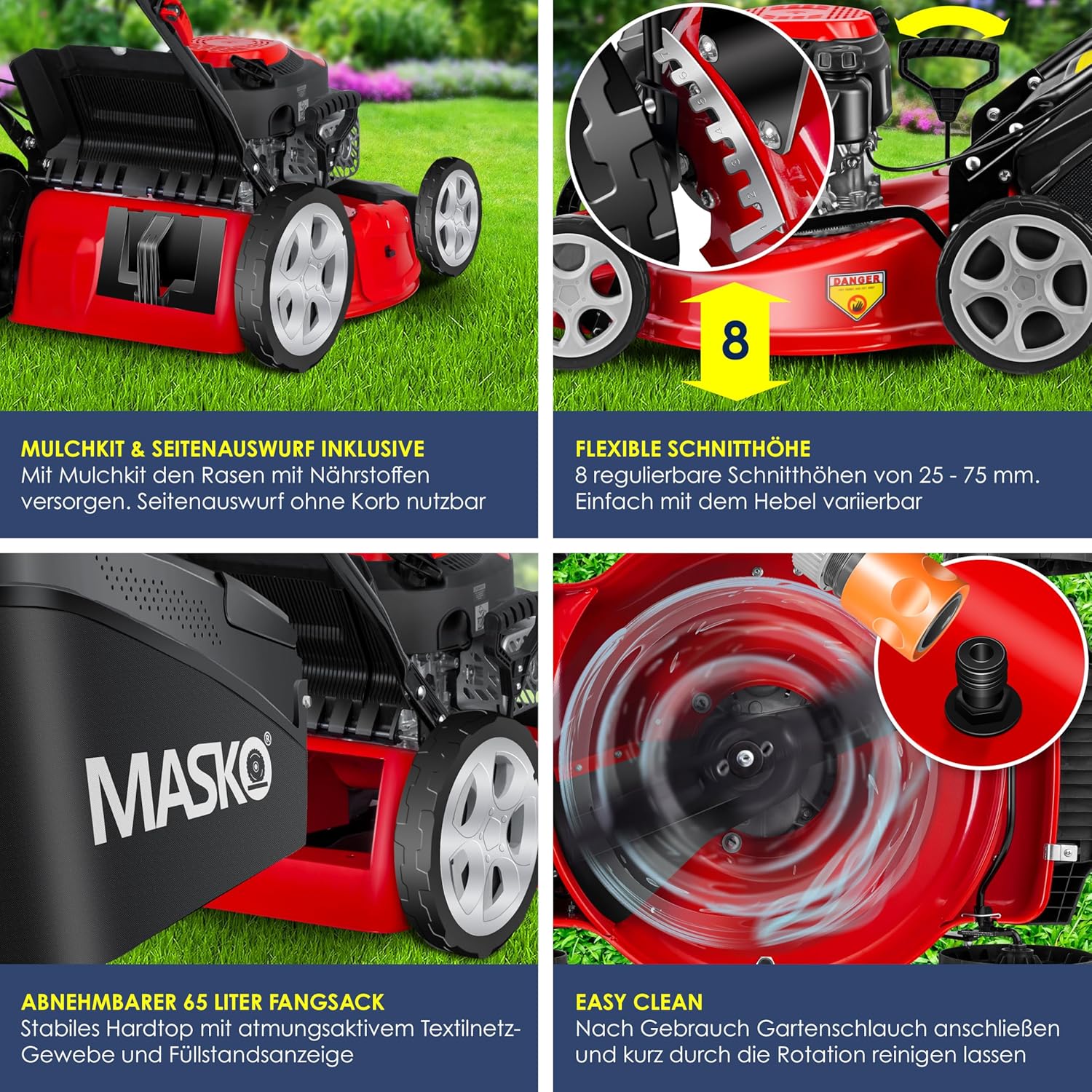 Tondeuse essence 5 en 1 roue motrice largeur coupe 51 cm mulching éjection latérale hauteur réglable