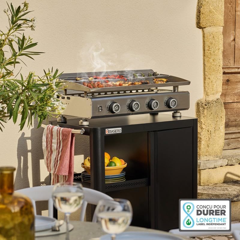Plancha inox 84x34 cm 4 brûleurs grille réchauffement tiroir graisse