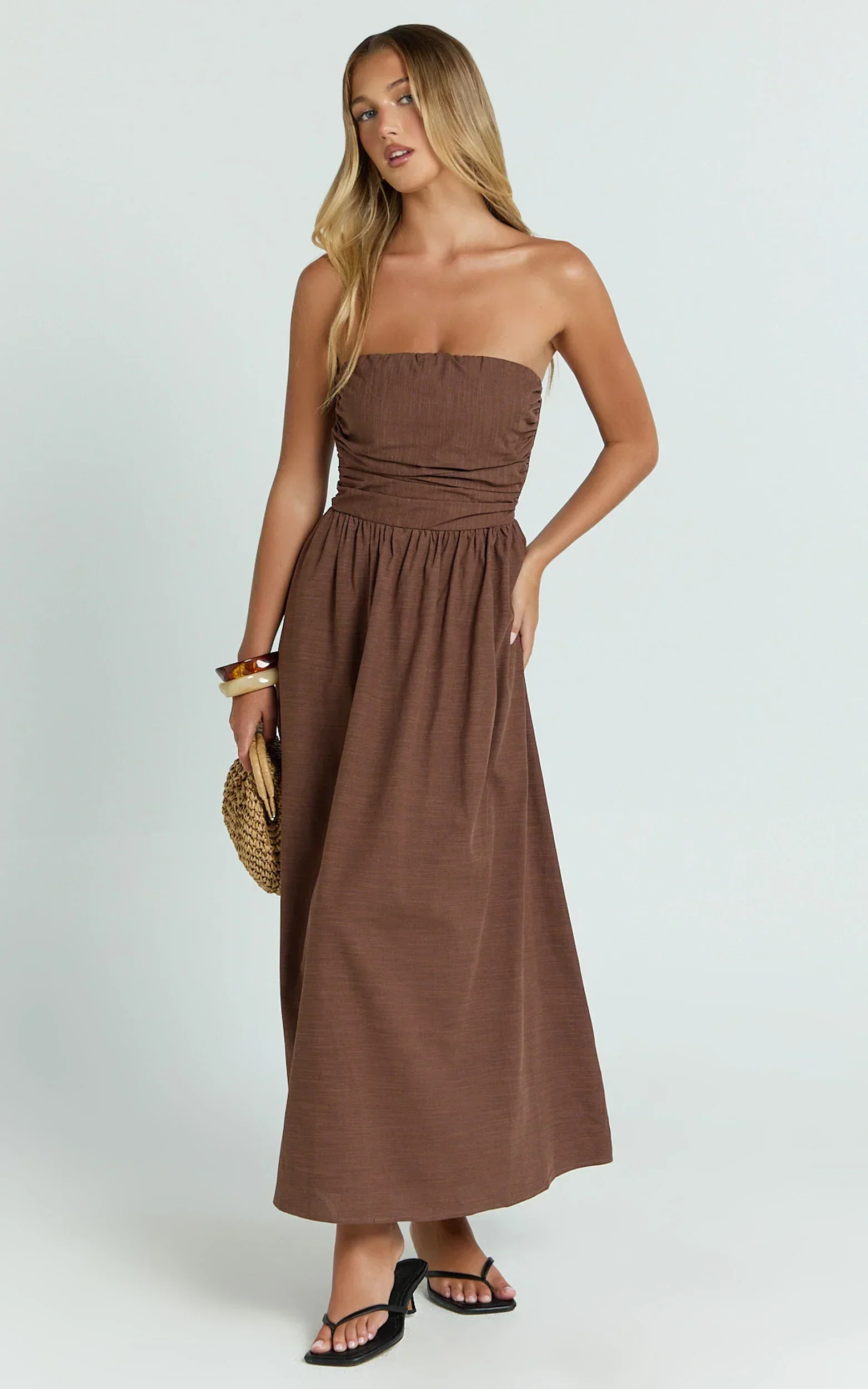 Polly Midi Dress - Strapless Ruched Dress in Chocolate