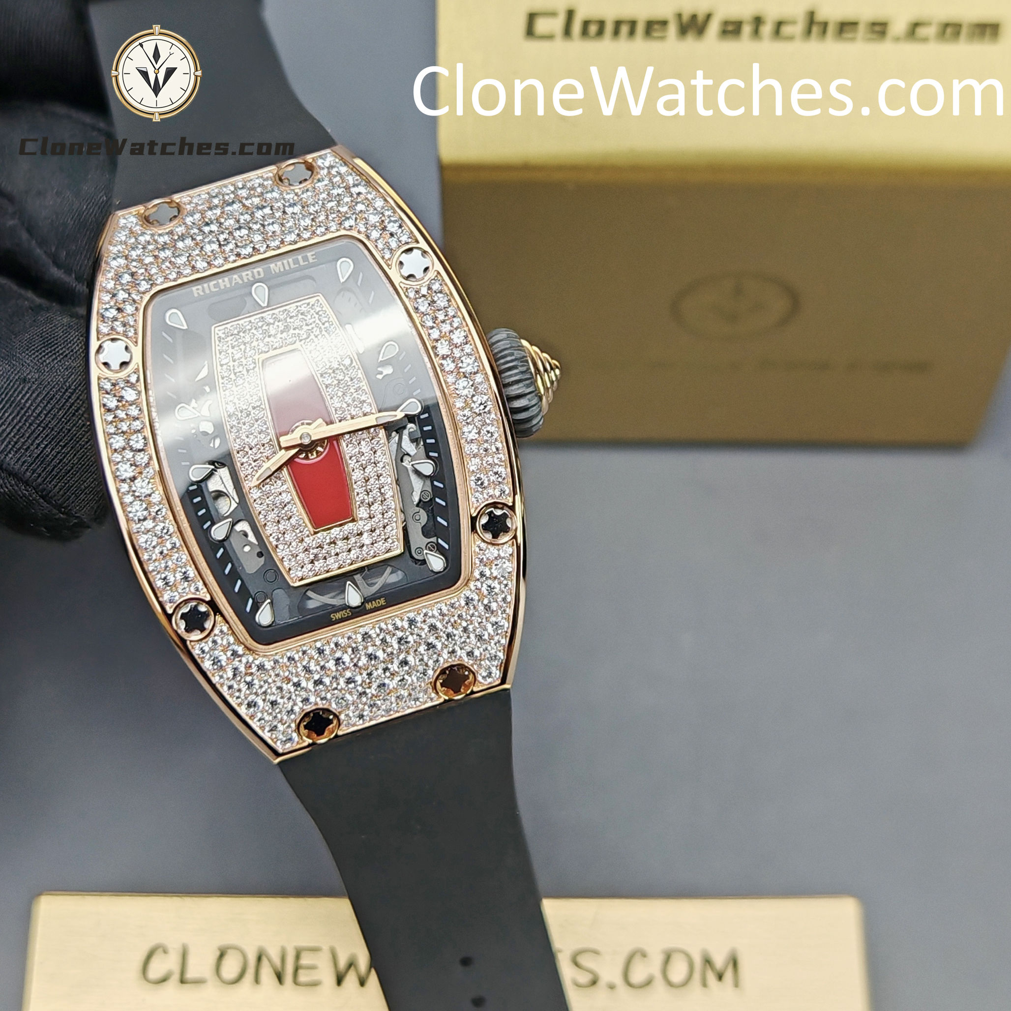 Richard Mille Super clone watches 1:1 RM 07-01Rose Gold Diamond dial Black strap