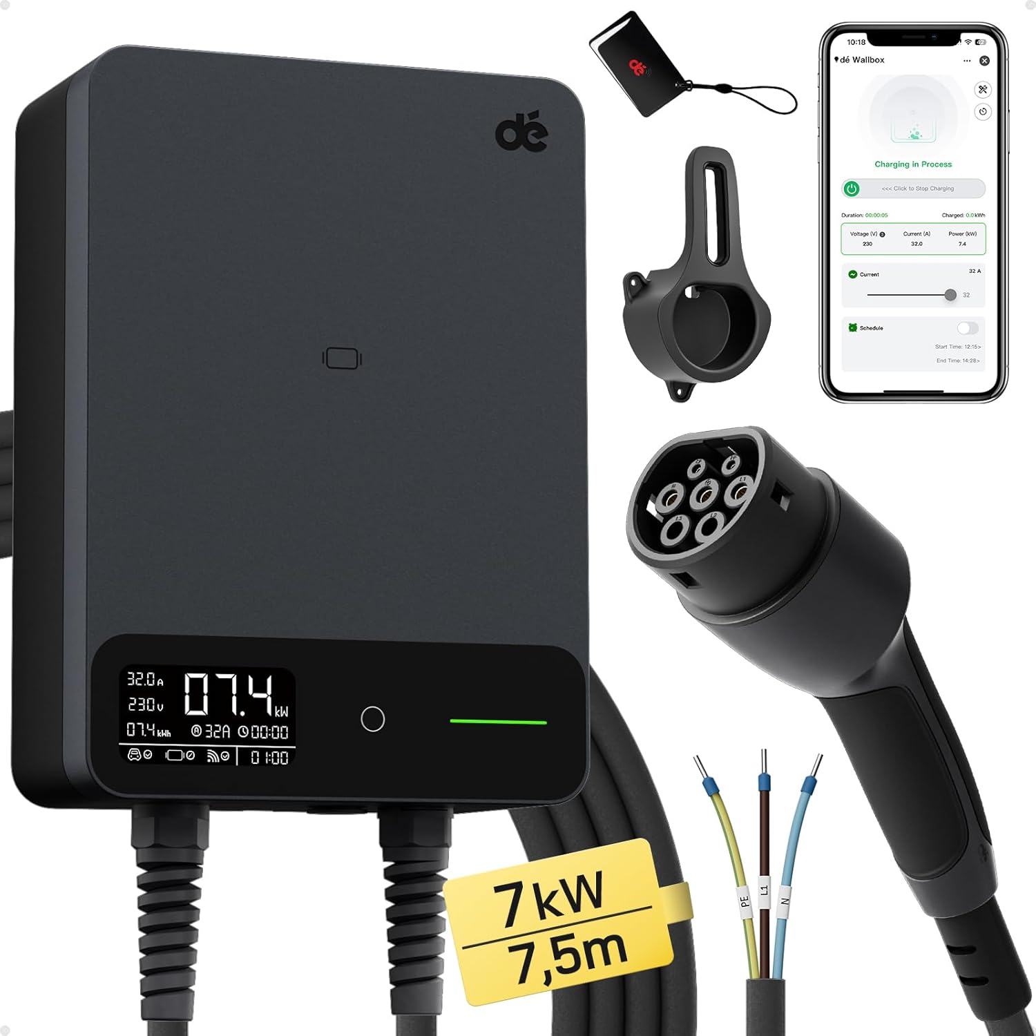 Borne recharge véhicule électrique 7 kW app câble type 2 75 m RFID RCD type B IP54