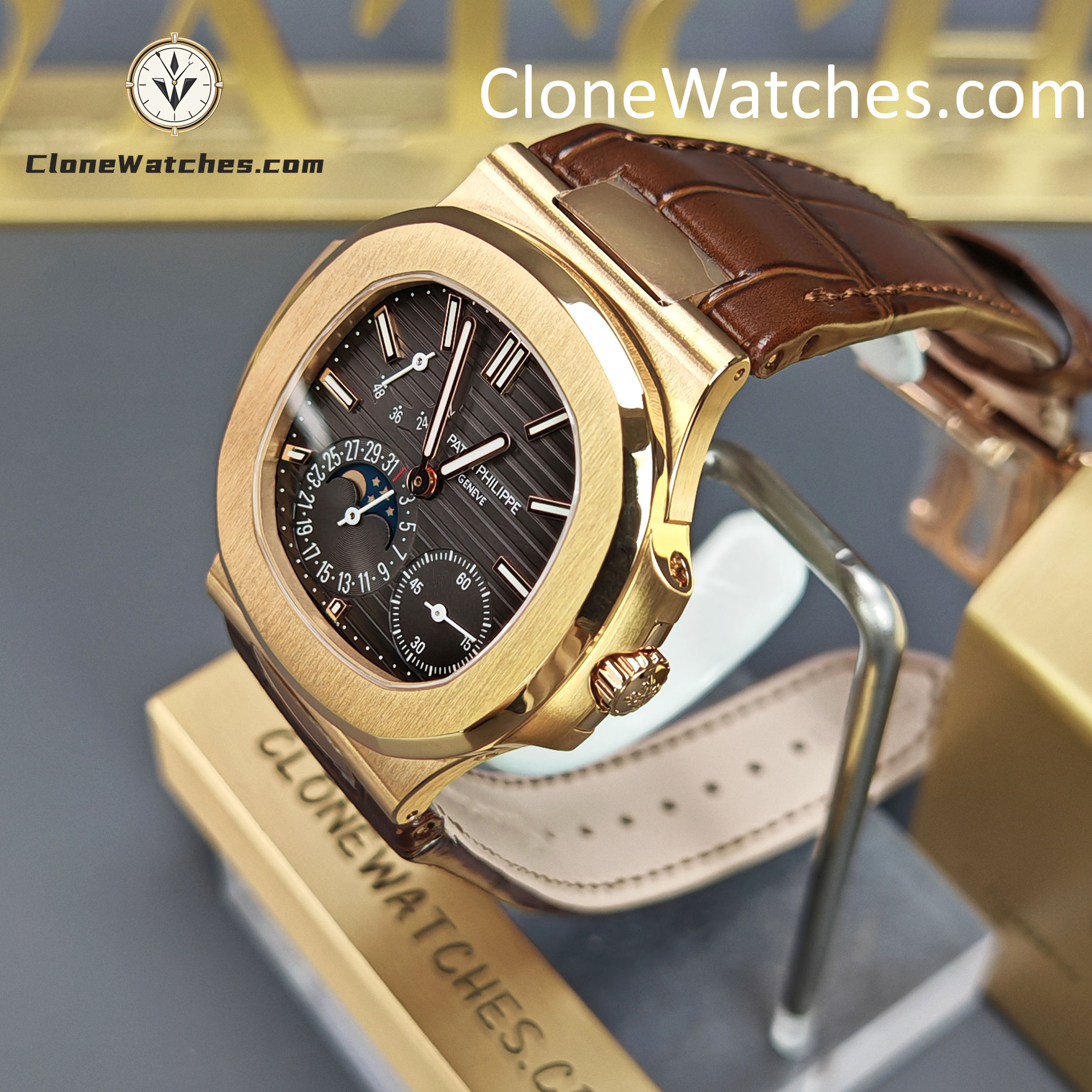 Patek Philippe Super Clone Watches 1:1 Nautilus 5712 Grey Dial Brown Leather Strap
