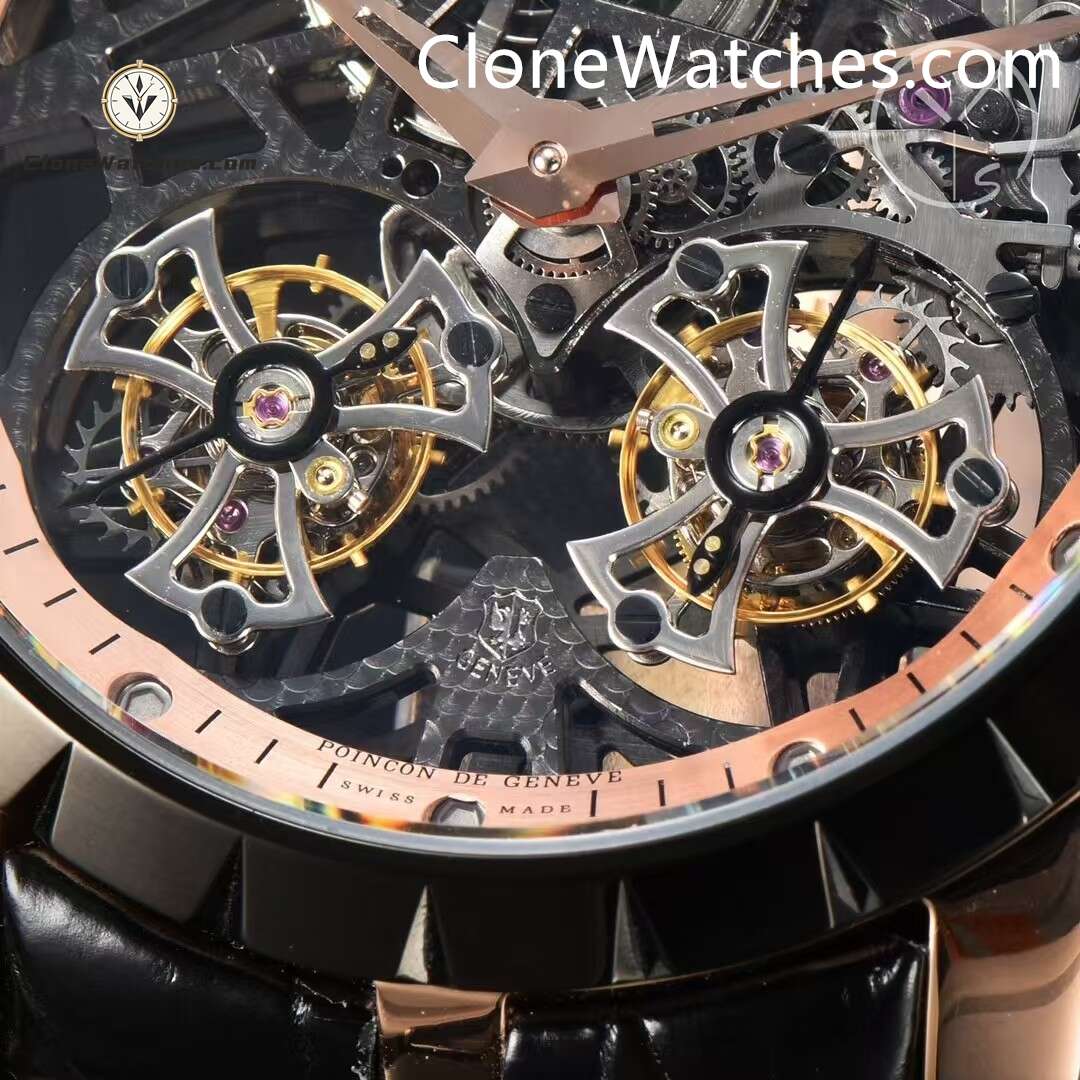 Roger Dubuis Super Clone Watches 1:1 Excalibur Rose Gold Skeleton Double Flying Tourbillon RDDBEX0397 45MM