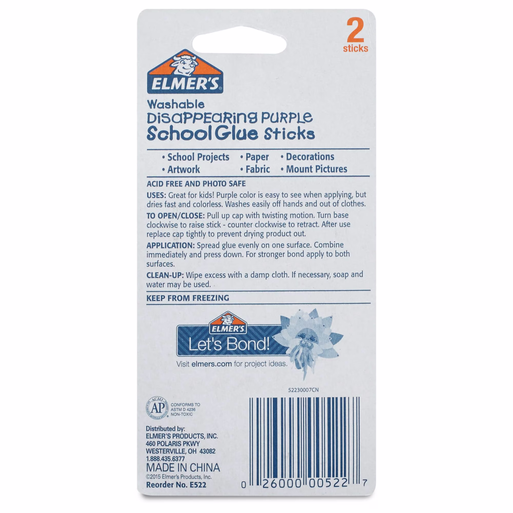 Elmer's Disappearing Purple School Glue Sticks, Washable, 2 Count