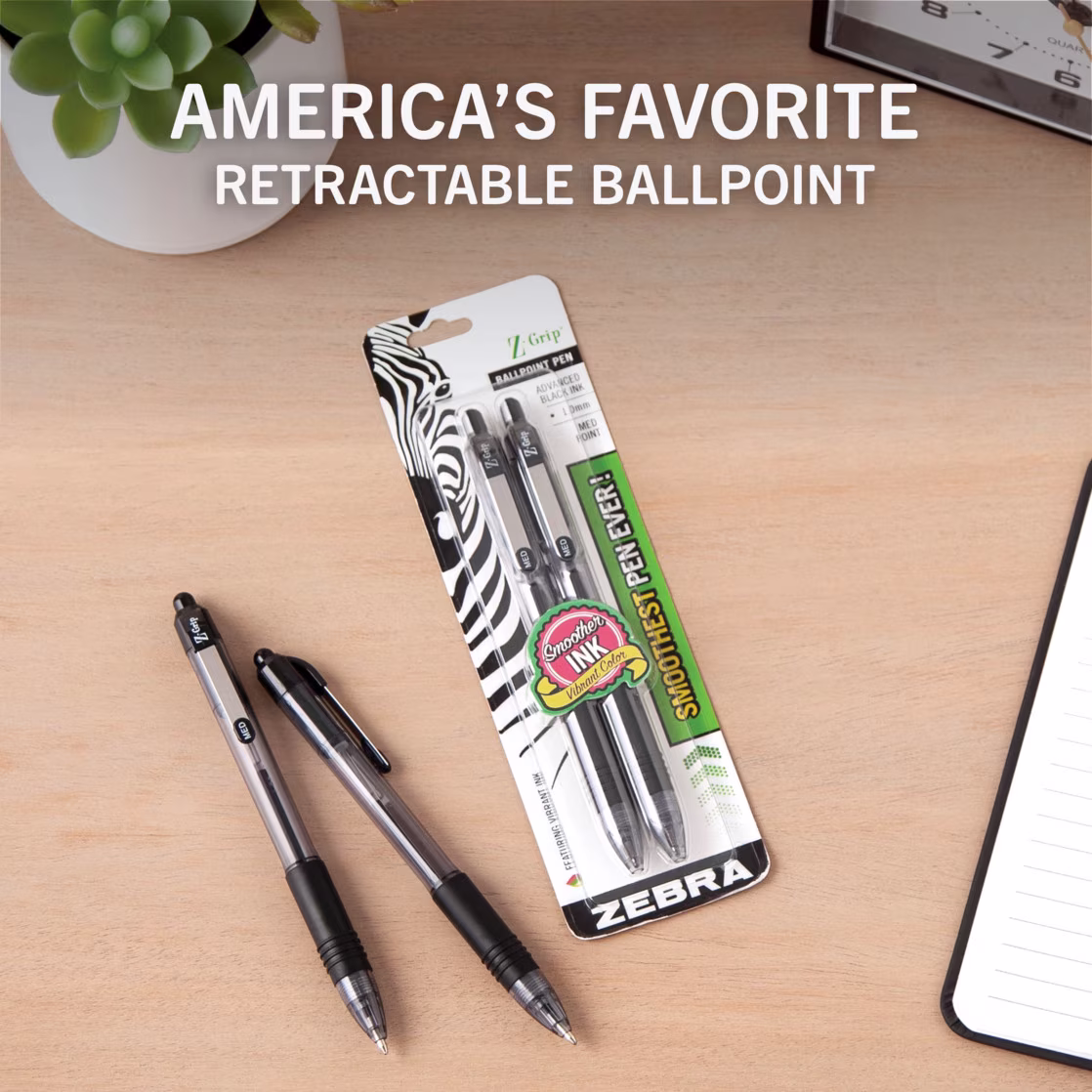 Zebra Z-Grip Retractable Ballpoint 1.0mm Black 2pk